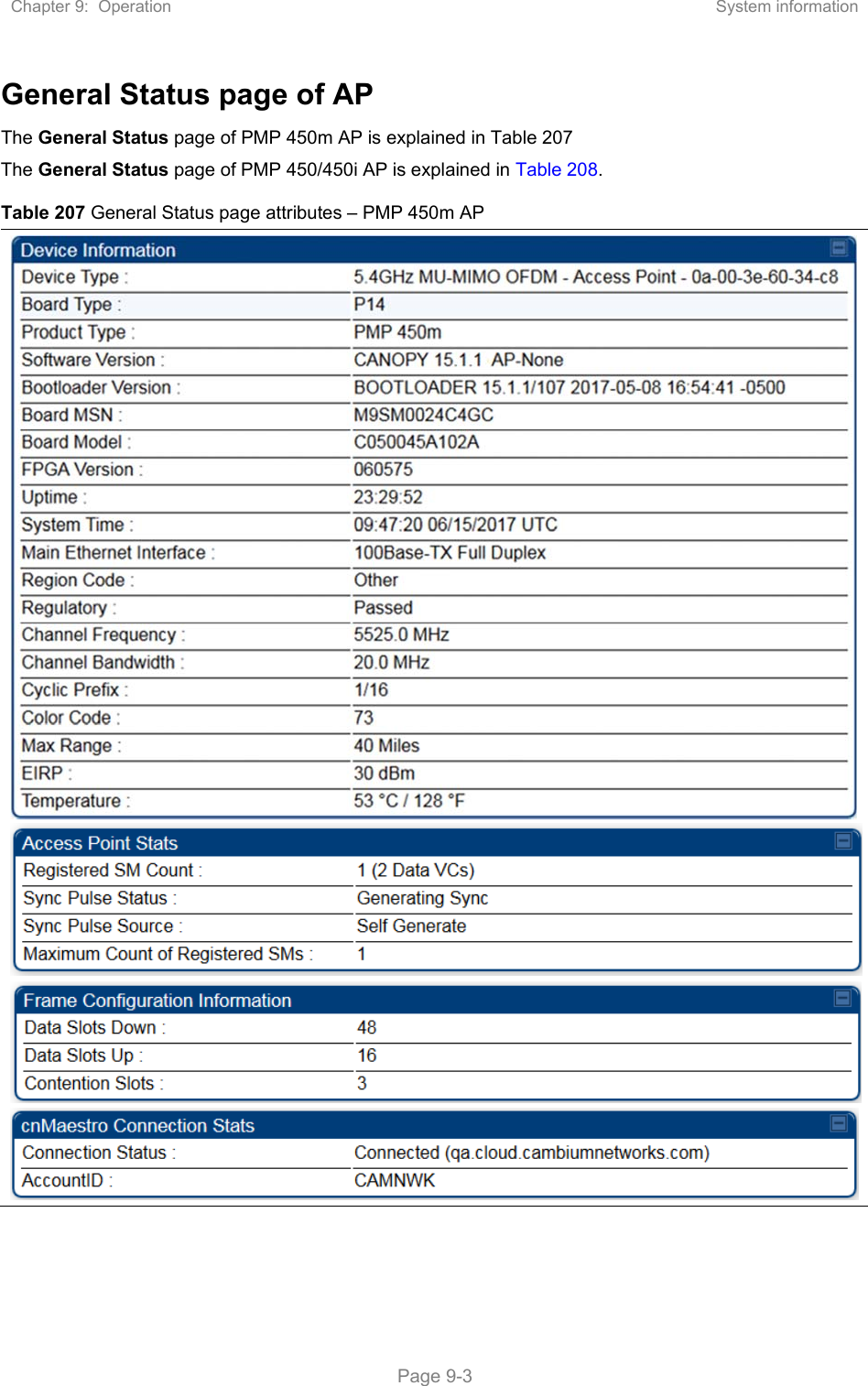 Chapter 9:  Operation  System information   Page 9-3 General Status page of AP The General Status page of PMP 450m AP is explained in Table 207 The General Status page of PMP 450/450i AP is explained in Table 208. Table 207 General Status page attributes – PMP 450m AP   