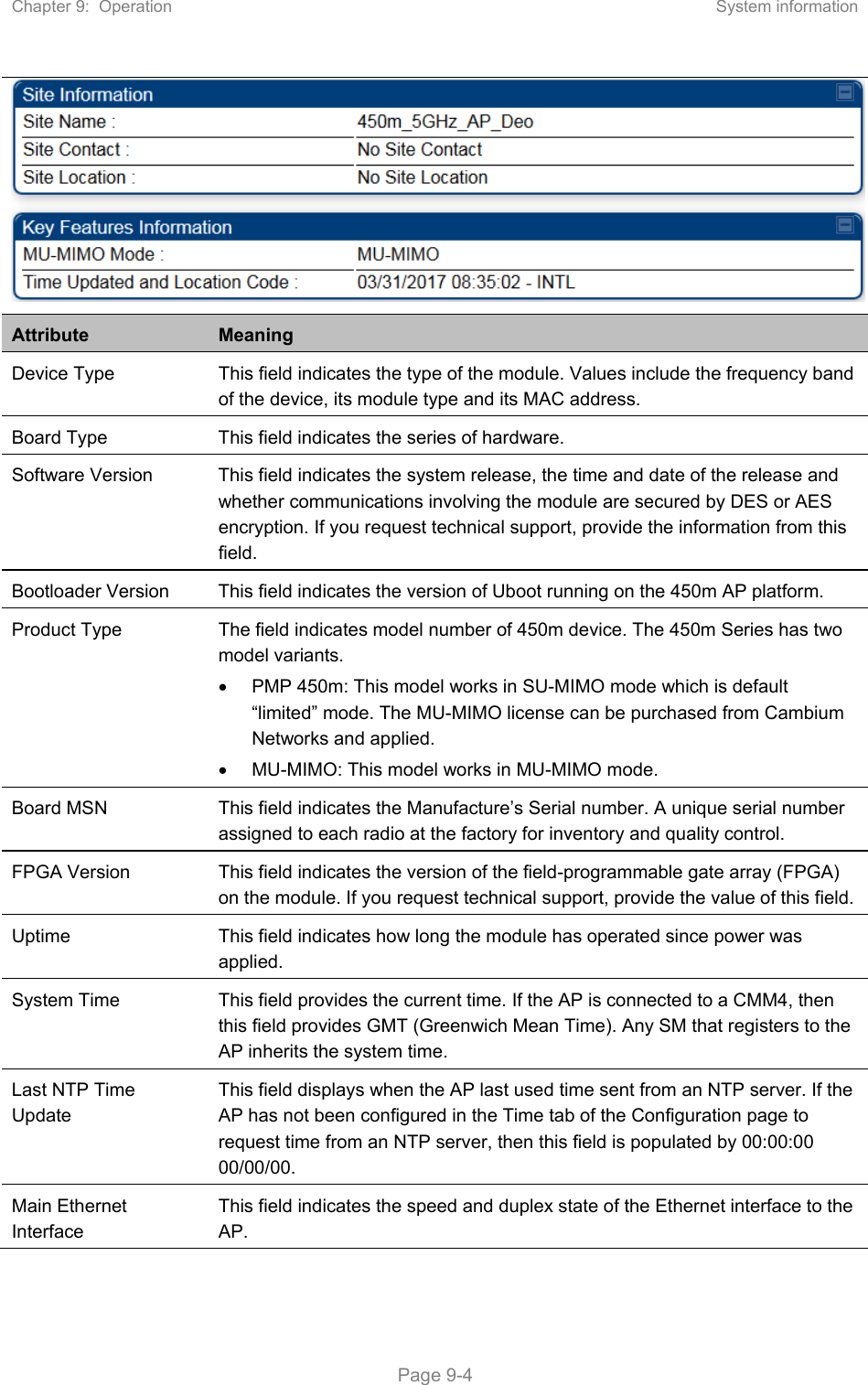 Chapter 9:  Operation  System information   Page 9-4 Attribute  Meaning Device Type  This field indicates the type of the module. Values include the frequency band of the device, its module type and its MAC address. Board Type  This field indicates the series of hardware.  Software Version  This field indicates the system release, the time and date of the release and whether communications involving the module are secured by DES or AES encryption. If you request technical support, provide the information from this field. Bootloader Version  This field indicates the version of Uboot running on the 450m AP platform.  Product Type  The field indicates model number of 450m device. The 450m Series has two model variants.   PMP 450m: This model works in SU-MIMO mode which is default “limited” mode. The MU-MIMO license can be purchased from Cambium Networks and applied.   MU-MIMO: This model works in MU-MIMO mode. Board MSN  This field indicates the Manufacture’s Serial number. A unique serial number assigned to each radio at the factory for inventory and quality control. FPGA Version  This field indicates the version of the field-programmable gate array (FPGA) on the module. If you request technical support, provide the value of this field. Uptime  This field indicates how long the module has operated since power was applied. System Time  This field provides the current time. If the AP is connected to a CMM4, then this field provides GMT (Greenwich Mean Time). Any SM that registers to the AP inherits the system time. Last NTP Time Update This field displays when the AP last used time sent from an NTP server. If the AP has not been configured in the Time tab of the Configuration page to request time from an NTP server, then this field is populated by 00:00:00 00/00/00. Main Ethernet Interface This field indicates the speed and duplex state of the Ethernet interface to the AP.  