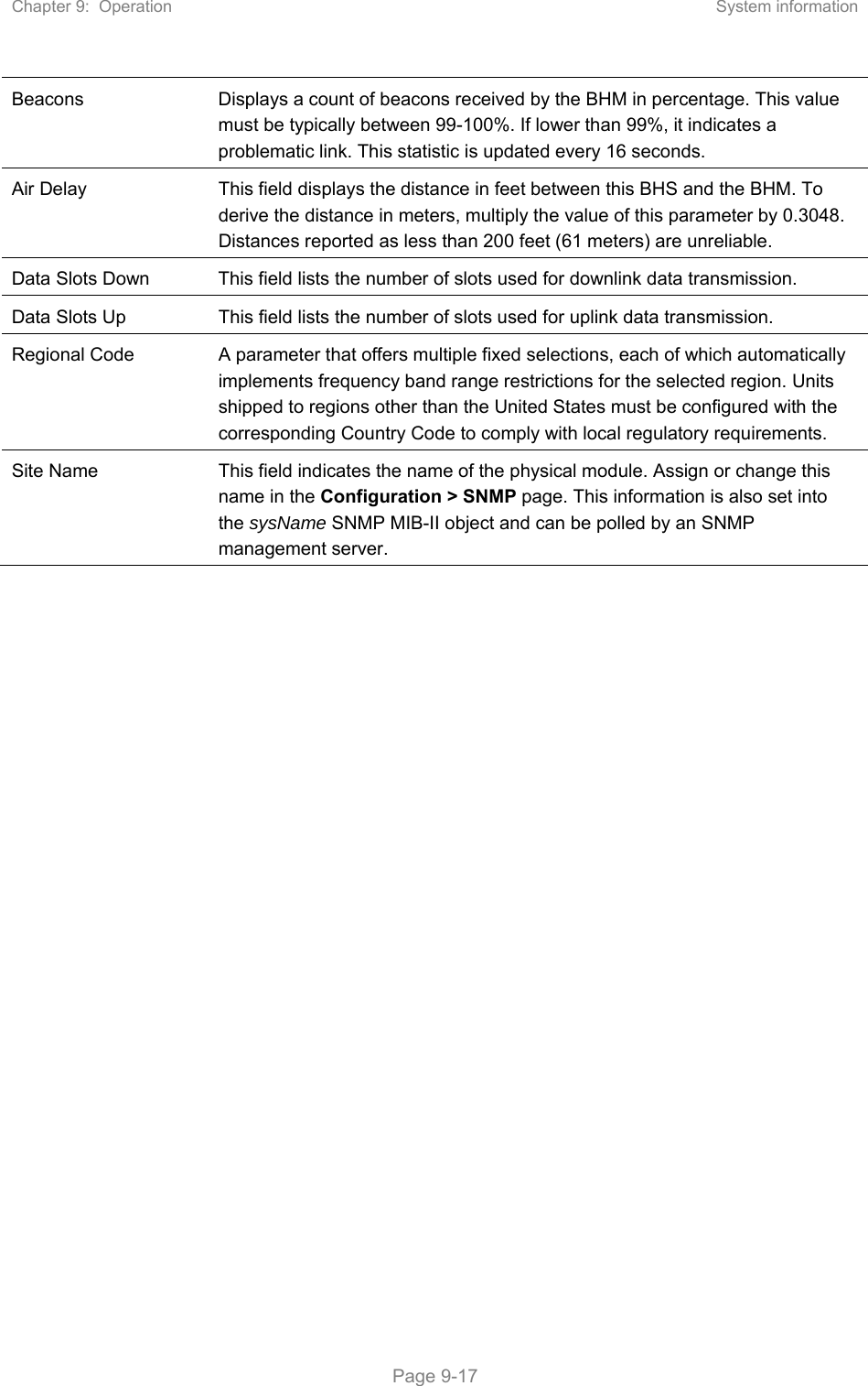 Chapter 9:  Operation  System information   Page 9-17 Beacons  Displays a count of beacons received by the BHM in percentage. This value must be typically between 99-100%. If lower than 99%, it indicates a problematic link. This statistic is updated every 16 seconds. Air Delay  This field displays the distance in feet between this BHS and the BHM. To derive the distance in meters, multiply the value of this parameter by 0.3048. Distances reported as less than 200 feet (61 meters) are unreliable. Data Slots Down  This field lists the number of slots used for downlink data transmission. Data Slots Up  This field lists the number of slots used for uplink data transmission. Regional Code  A parameter that offers multiple fixed selections, each of which automatically implements frequency band range restrictions for the selected region. Units shipped to regions other than the United States must be configured with the corresponding Country Code to comply with local regulatory requirements. Site Name  This field indicates the name of the physical module. Assign or change this name in the Configuration &gt; SNMP page. This information is also set into the sysName SNMP MIB-II object and can be polled by an SNMP management server.   