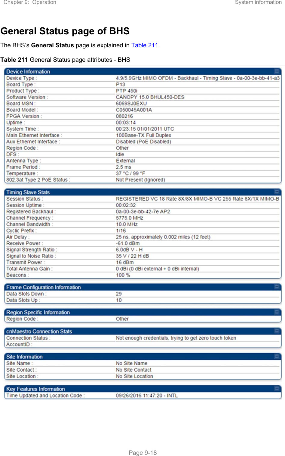 Chapter 9:  Operation  System information   Page 9-18 General Status page of BHS The BHS’s General Status page is explained in Table 211. Table 211 General Status page attributes - BHS 