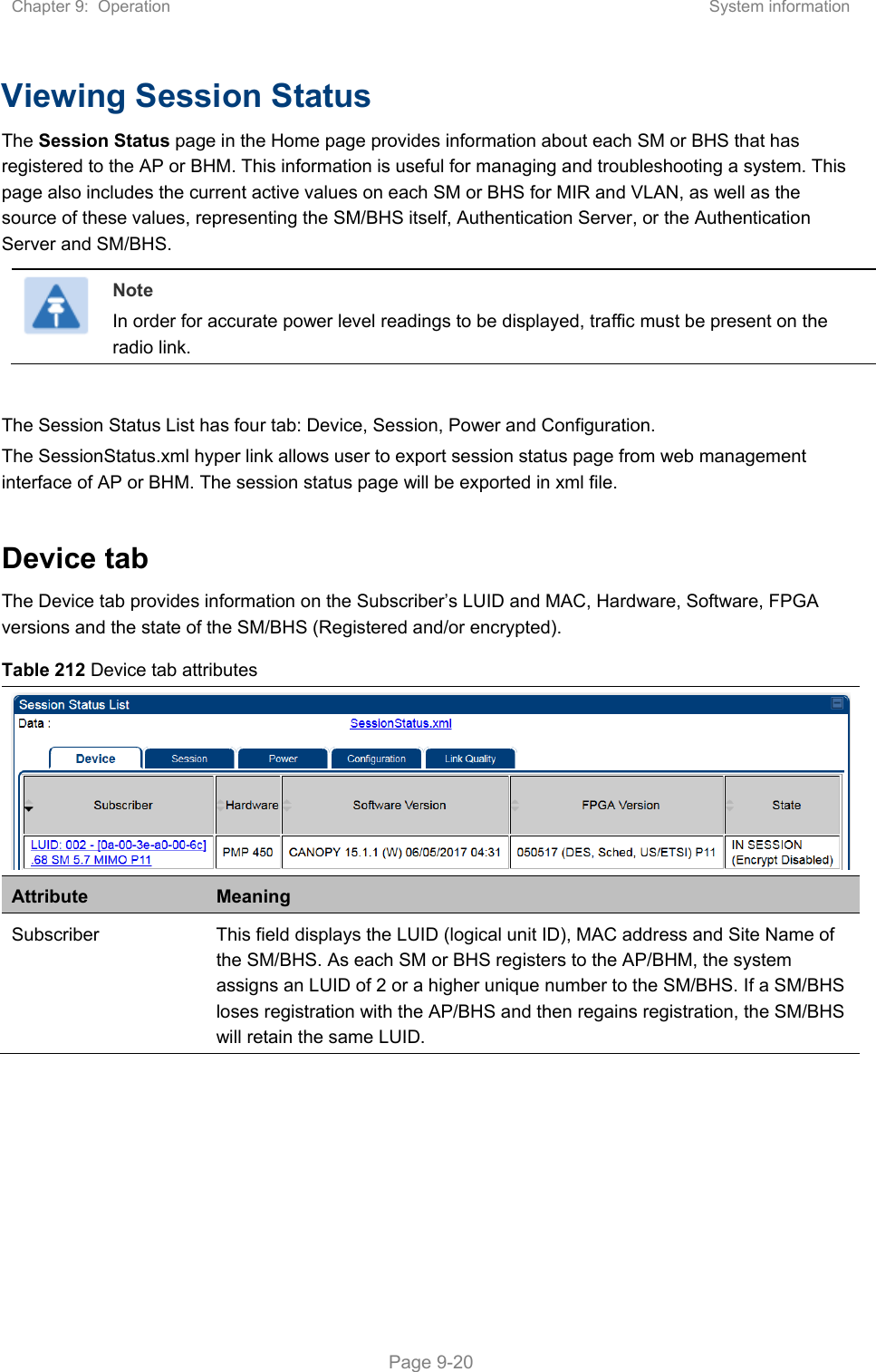 Chapter 9:  Operation  System information   Page 9-20 Viewing Session Status  The Session Status page in the Home page provides information about each SM or BHS that has registered to the AP or BHM. This information is useful for managing and troubleshooting a system. This page also includes the current active values on each SM or BHS for MIR and VLAN, as well as the source of these values, representing the SM/BHS itself, Authentication Server, or the Authentication Server and SM/BHS.  Note In order for accurate power level readings to be displayed, traffic must be present on the radio link.  The Session Status List has four tab: Device, Session, Power and Configuration. The SessionStatus.xml hyper link allows user to export session status page from web management interface of AP or BHM. The session status page will be exported in xml file.  Device tab The Device tab provides information on the Subscriber’s LUID and MAC, Hardware, Software, FPGA versions and the state of the SM/BHS (Registered and/or encrypted). Table 212 Device tab attributes Attribute  Meaning Subscriber  This field displays the LUID (logical unit ID), MAC address and Site Name of the SM/BHS. As each SM or BHS registers to the AP/BHM, the system assigns an LUID of 2 or a higher unique number to the SM/BHS. If a SM/BHS loses registration with the AP/BHS and then regains registration, the SM/BHS will retain the same LUID.  