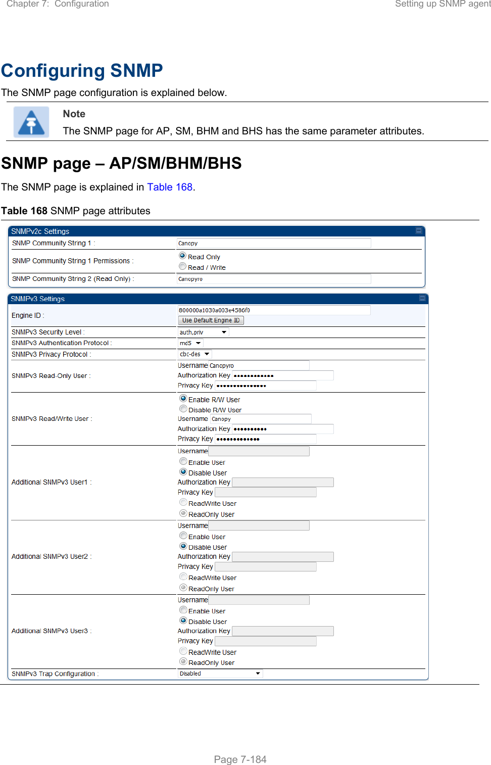 Chapter 7:  Configuration  Setting up SNMP agent   Page 7-184  Configuring SNMP The SNMP page configuration is explained below.  Note The SNMP page for AP, SM, BHM and BHS has the same parameter attributes. SNMP page – AP/SM/BHM/BHS The SNMP page is explained in Table 168. Table 168 SNMP page attributes   