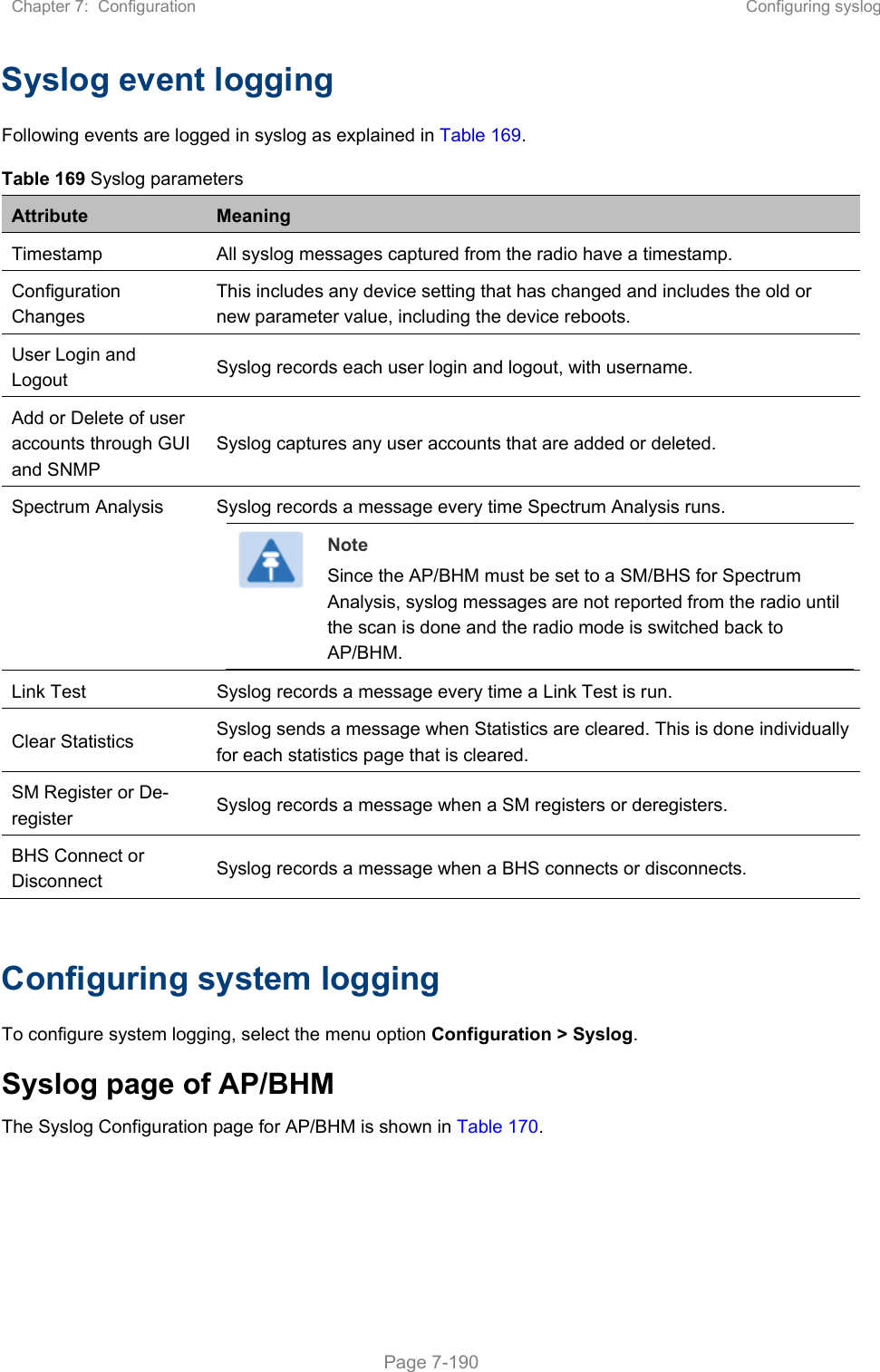 Chapter 7:  Configuration  Configuring syslog   Page 7-190 Syslog event logging Following events are logged in syslog as explained in Table 169. Table 169 Syslog parameters Attribute  Meaning Timestamp   All syslog messages captured from the radio have a timestamp.  Configuration Changes  This includes any device setting that has changed and includes the old or new parameter value, including the device reboots.  User Login and Logout   Syslog records each user login and logout, with username.  Add or Delete of user accounts through GUI and SNMP  Syslog captures any user accounts that are added or deleted.  Spectrum Analysis  Syslog records a message every time Spectrum Analysis runs.  Note Since the AP/BHM must be set to a SM/BHS for Spectrum Analysis, syslog messages are not reported from the radio until the scan is done and the radio mode is switched back to AP/BHM. Link Test   Syslog records a message every time a Link Test is run.  Clear Statistics   Syslog sends a message when Statistics are cleared. This is done individually for each statistics page that is cleared.  SM Register or De-register   Syslog records a message when a SM registers or deregisters.  BHS Connect or Disconnect  Syslog records a message when a BHS connects or disconnects.  Configuring system logging To configure system logging, select the menu option Configuration &gt; Syslog. Syslog page of AP/BHM The Syslog Configuration page for AP/BHM is shown in Table 170. 