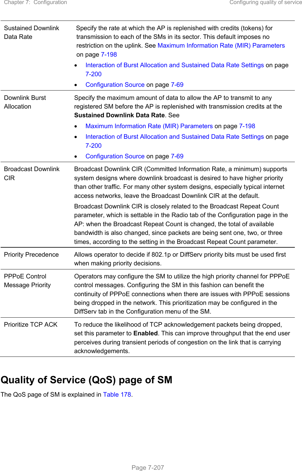 Chapter 7:  Configuration  Configuring quality of service   Page 7-207 Sustained Downlink Data Rate  Specify the rate at which the AP is replenished with credits (tokens) for transmission to each of the SMs in its sector. This default imposes no restriction on the uplink. See Maximum Information Rate (MIR) Parameters on page 7-198  Interaction of Burst Allocation and Sustained Data Rate Settings on page 7-200  Configuration Source on page 7-69  Downlink Burst Allocation  Specify the maximum amount of data to allow the AP to transmit to any registered SM before the AP is replenished with transmission credits at the Sustained Downlink Data Rate. See   Maximum Information Rate (MIR) Parameters on page 7-198  Interaction of Burst Allocation and Sustained Data Rate Settings on page 7-200  Configuration Source on page 7-69 Broadcast Downlink CIR Broadcast Downlink CIR (Committed Information Rate, a minimum) supports system designs where downlink broadcast is desired to have higher priority than other traffic. For many other system designs, especially typical internet access networks, leave the Broadcast Downlink CIR at the default. Broadcast Downlink CIR is closely related to the Broadcast Repeat Count parameter, which is settable in the Radio tab of the Configuration page in the AP: when the Broadcast Repeat Count is changed, the total of available bandwidth is also changed, since packets are being sent one, two, or three times, according to the setting in the Broadcast Repeat Count parameter. Priority Precedence  Allows operator to decide if 802.1p or DiffServ priority bits must be used first when making priority decisions. PPPoE Control Message Priority Operators may configure the SM to utilize the high priority channel for PPPoE control messages. Configuring the SM in this fashion can benefit the continuity of PPPoE connections when there are issues with PPPoE sessions being dropped in the network. This prioritization may be configured in the DiffServ tab in the Configuration menu of the SM. Prioritize TCP ACK  To reduce the likelihood of TCP acknowledgement packets being dropped, set this parameter to Enabled. This can improve throughput that the end user perceives during transient periods of congestion on the link that is carrying acknowledgements.   Quality of Service (QoS) page of SM The QoS page of SM is explained in Table 178. 