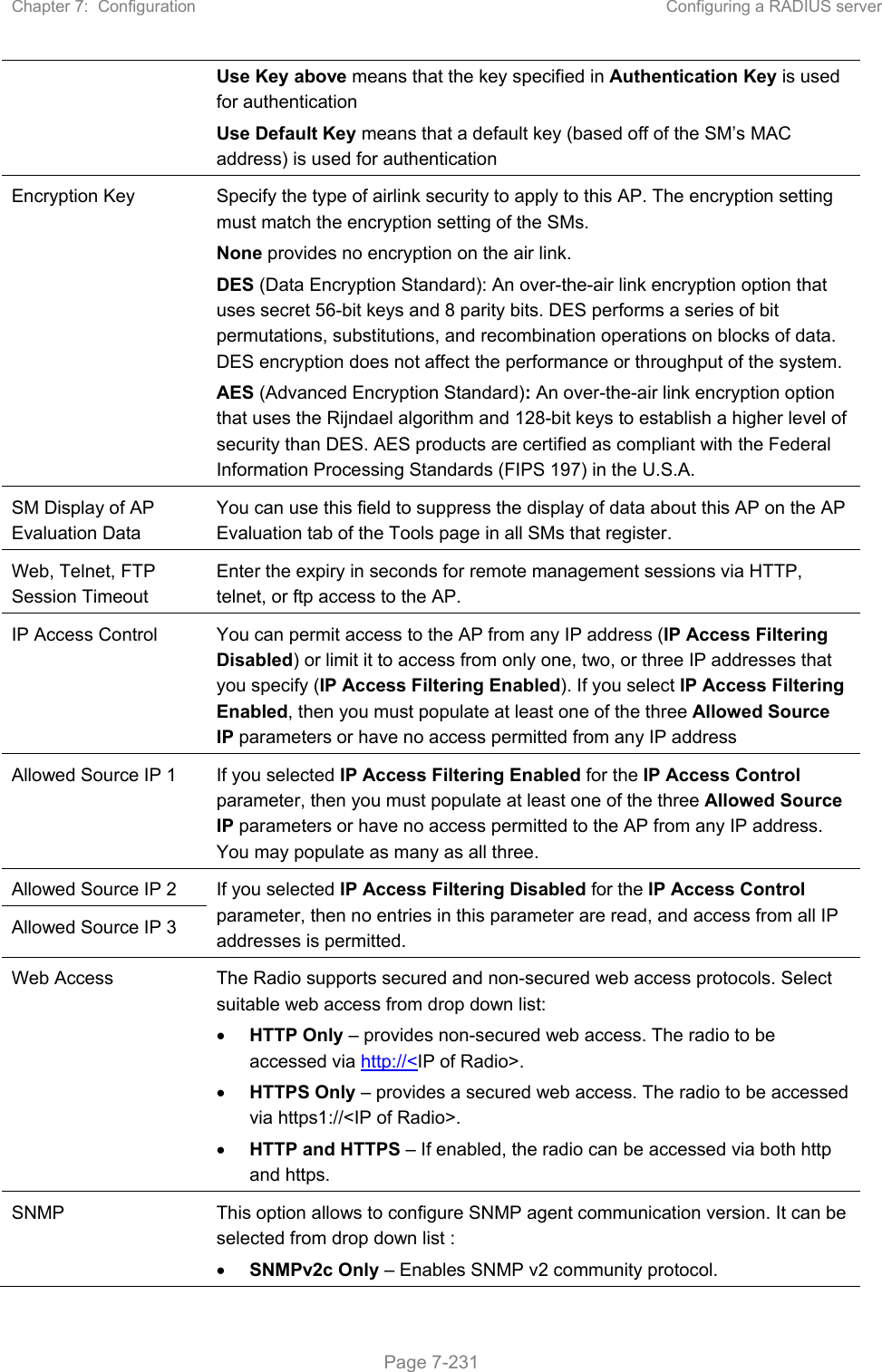 Chapter 7:  Configuration  Configuring a RADIUS server   Page 7-231 Use Key above means that the key specified in Authentication Key is used for authentication Use Default Key means that a default key (based off of the SM’s MAC address) is used for authentication Encryption Key  Specify the type of airlink security to apply to this AP. The encryption setting must match the encryption setting of the SMs. None provides no encryption on the air link.  DES (Data Encryption Standard): An over-the-air link encryption option that uses secret 56-bit keys and 8 parity bits. DES performs a series of bit permutations, substitutions, and recombination operations on blocks of data. DES encryption does not affect the performance or throughput of the system. AES (Advanced Encryption Standard): An over-the-air link encryption option that uses the Rijndael algorithm and 128-bit keys to establish a higher level of security than DES. AES products are certified as compliant with the Federal Information Processing Standards (FIPS 197) in the U.S.A. SM Display of AP Evaluation Data You can use this field to suppress the display of data about this AP on the AP Evaluation tab of the Tools page in all SMs that register. Web, Telnet, FTP Session Timeout Enter the expiry in seconds for remote management sessions via HTTP, telnet, or ftp access to the AP. IP Access Control  You can permit access to the AP from any IP address (IP Access Filtering Disabled) or limit it to access from only one, two, or three IP addresses that you specify (IP Access Filtering Enabled). If you select IP Access Filtering Enabled, then you must populate at least one of the three Allowed Source IP parameters or have no access permitted from any IP address Allowed Source IP 1  If you selected IP Access Filtering Enabled for the IP Access Control parameter, then you must populate at least one of the three Allowed Source IP parameters or have no access permitted to the AP from any IP address. You may populate as many as all three. Allowed Source IP 2  If you selected IP Access Filtering Disabled for the IP Access Control parameter, then no entries in this parameter are read, and access from all IP addresses is permitted. Allowed Source IP 3 Web Access  The Radio supports secured and non-secured web access protocols. Select suitable web access from drop down list:  HTTP Only – provides non-secured web access. The radio to be accessed via http://&lt;IP of Radio&gt;.  HTTPS Only – provides a secured web access. The radio to be accessed via https1://&lt;IP of Radio&gt;.  HTTP and HTTPS – If enabled, the radio can be accessed via both http and https.  SNMP  This option allows to configure SNMP agent communication version. It can be selected from drop down list :  SNMPv2c Only – Enables SNMP v2 community protocol. 