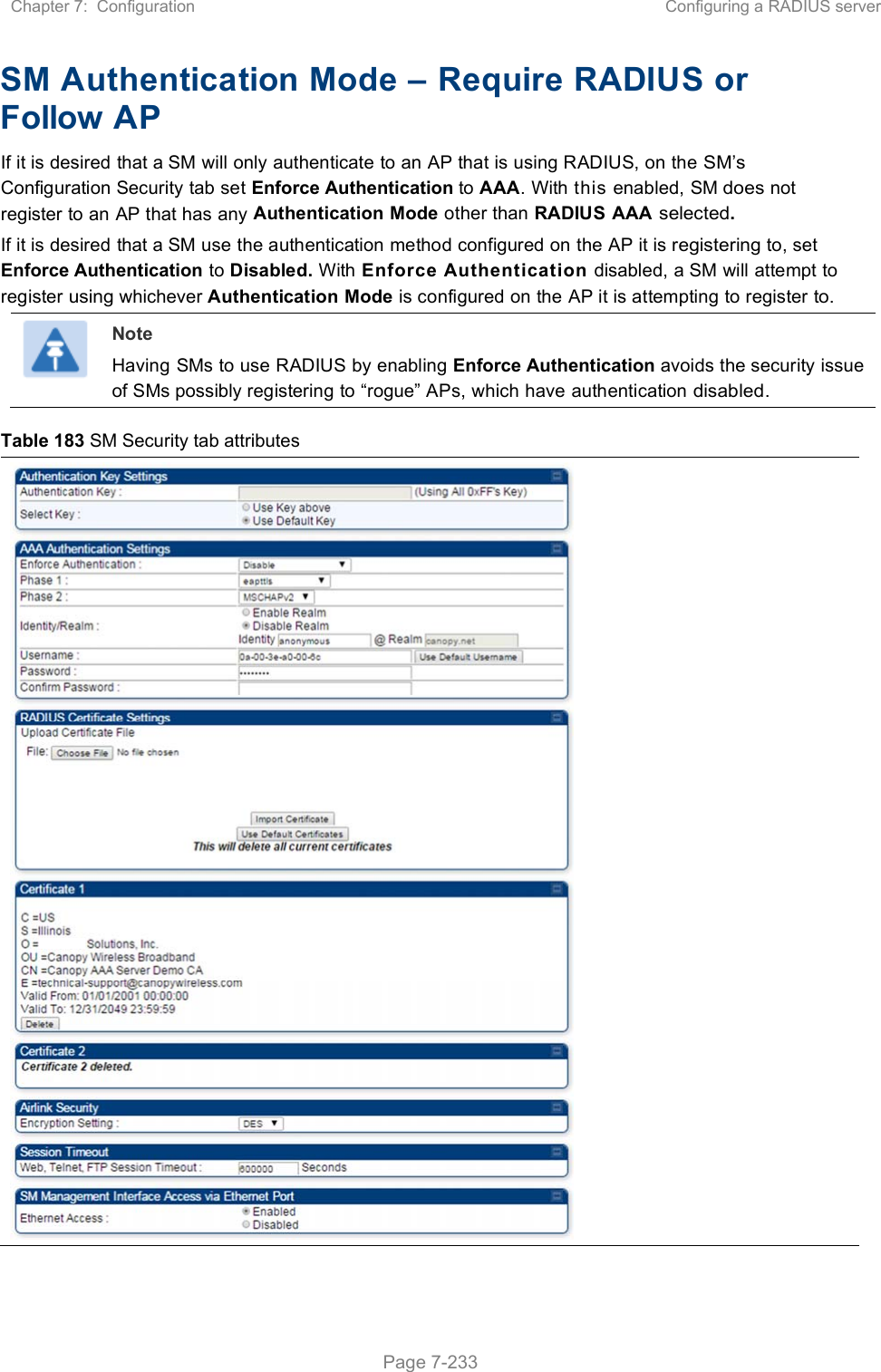 Chapter 7:  Configuration  Configuring a RADIUS server   Page 7-233 SM Authentication Mode – Require RADIUS or Follow AP If it is desired that a SM will only authenticate to an AP that is using RADIUS, on the SM’s Configuration Security tab set Enforce Authentication to AAA. With this enabled, SM does not register to an AP that has any Authentication Mode other than RADIUS AAA selected. If it is desired that a SM use the authentication method configured on the AP it is registering to, set Enforce Authentication to Disabled. With Enforce Authentication disabled, a SM will attempt to register using whichever Authentication Mode is configured on the AP it is attempting to register to.  Note Having SMs to use RADIUS by enabling Enforce Authentication avoids the security issue of SMs possibly registering to “rogue” APs, which have authentication disabled. Table 183 SM Security tab attributes  