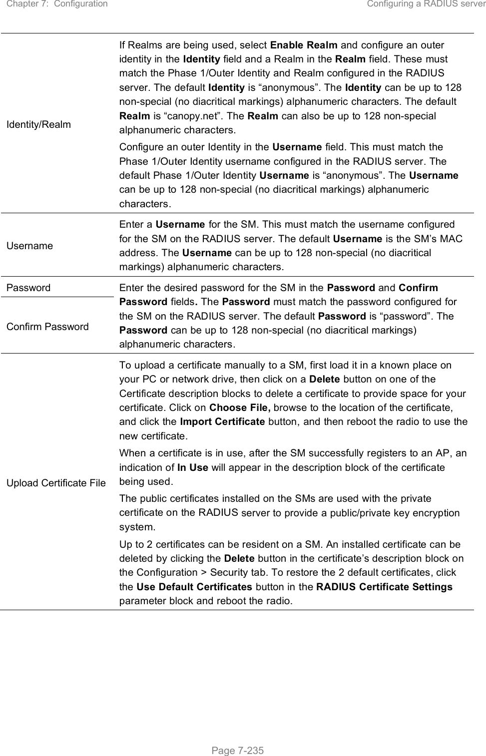 Chapter 7:  Configuration  Configuring a RADIUS server   Page 7-235 Identity/Realm If Realms are being used, select Enable Realm and configure an outer identity in the Identity field and a Realm in the Realm field. These must match the Phase 1/Outer Identity and Realm configured in the RADIUS server. The default Identity is “anonymous”. The Identity can be up to 128 non-special (no diacritical markings) alphanumeric characters. The default Realm is “canopy.net”. The Realm can also be up to 128 non-special alphanumeric characters. Configure an outer Identity in the Username field. This must match the Phase 1/Outer Identity username configured in the RADIUS server. The default Phase 1/Outer Identity Username is “anonymous”. The Username can be up to 128 non-special (no diacritical markings) alphanumeric characters. Username Enter a Username for the SM. This must match the username configured for the SM on the RADIUS server. The default Username is the SM’s MAC address. The Username can be up to 128 non-special (no diacritical markings) alphanumeric characters. Password  Enter the desired password for the SM in the Password and Confirm Password fields. The Password must match the password configured for the SM on the RADIUS server. The default Password is “password”. The Password can be up to 128 non-special (no diacritical markings) alphanumeric characters. Confirm Password Upload Certificate File To upload a certificate manually to a SM, first load it in a known place on your PC or network drive, then click on a Delete button on one of the Certificate description blocks to delete a certificate to provide space for your certificate. Click on Choose File, browse to the location of the certificate, and click the Import Certificate button, and then reboot the radio to use the new certificate. When a certificate is in use, after the SM successfully registers to an AP, an indication of In Use will appear in the description block of the certificate being used. The public certificates installed on the SMs are used with the private certificate on the RADIUS server to provide a public/private key encryption system. Up to 2 certificates can be resident on a SM. An installed certificate can be deleted by clicking the Delete button in the certificate’s description block on the Configuration &gt; Security tab. To restore the 2 default certificates, click the Use Default Certificates button in the RADIUS Certificate Settings parameter block and reboot the radio. 