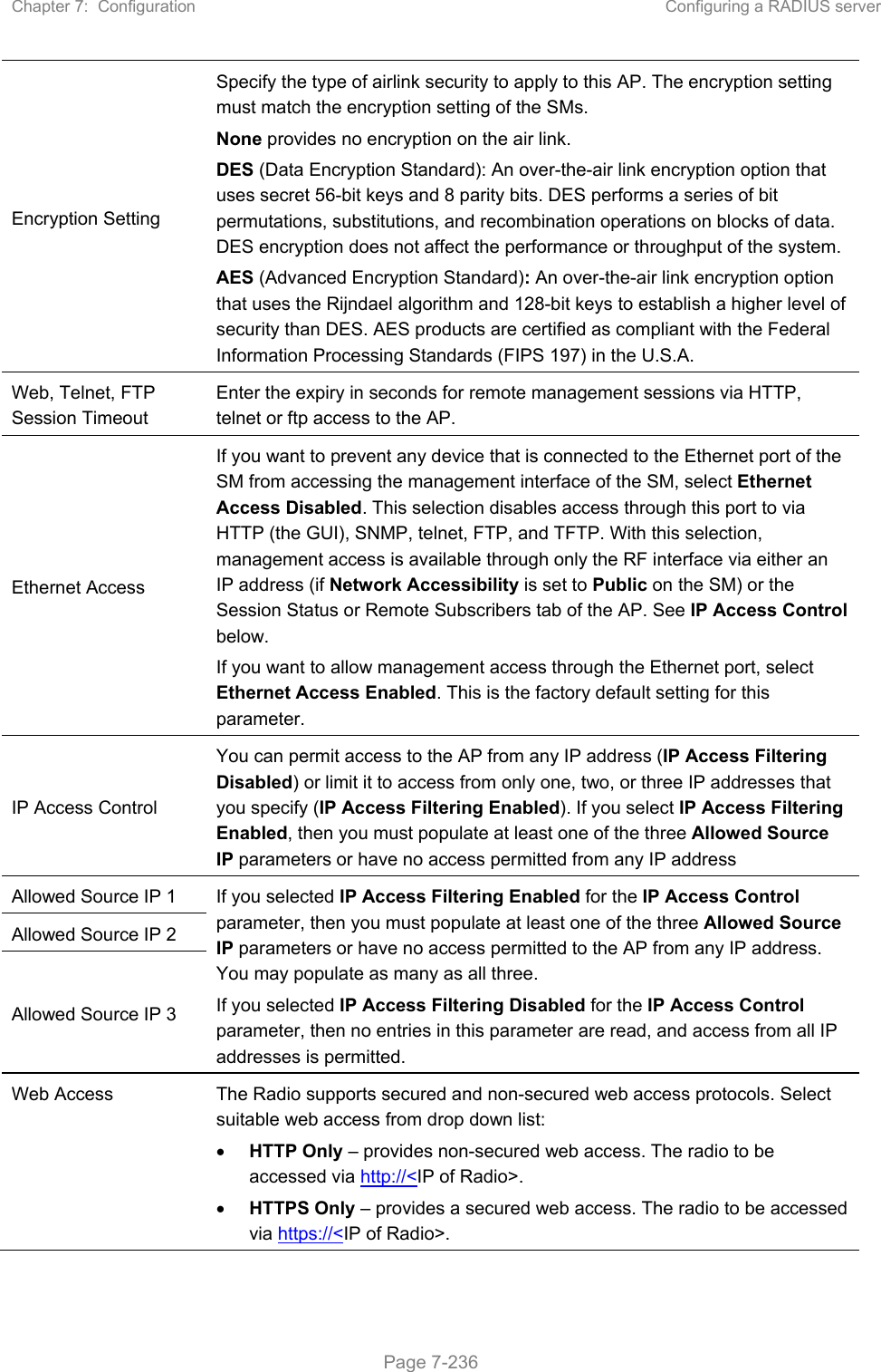 Chapter 7:  Configuration  Configuring a RADIUS server   Page 7-236 Encryption Setting Specify the type of airlink security to apply to this AP. The encryption setting must match the encryption setting of the SMs. None provides no encryption on the air link.  DES (Data Encryption Standard): An over-the-air link encryption option that uses secret 56-bit keys and 8 parity bits. DES performs a series of bit permutations, substitutions, and recombination operations on blocks of data. DES encryption does not affect the performance or throughput of the system. AES (Advanced Encryption Standard): An over-the-air link encryption option that uses the Rijndael algorithm and 128-bit keys to establish a higher level of security than DES. AES products are certified as compliant with the Federal Information Processing Standards (FIPS 197) in the U.S.A. Web, Telnet, FTP Session Timeout Enter the expiry in seconds for remote management sessions via HTTP, telnet or ftp access to the AP. Ethernet Access If you want to prevent any device that is connected to the Ethernet port of the SM from accessing the management interface of the SM, select Ethernet Access Disabled. This selection disables access through this port to via HTTP (the GUI), SNMP, telnet, FTP, and TFTP. With this selection, management access is available through only the RF interface via either an IP address (if Network Accessibility is set to Public on the SM) or the Session Status or Remote Subscribers tab of the AP. See IP Access Control below. If you want to allow management access through the Ethernet port, select Ethernet Access Enabled. This is the factory default setting for this parameter. IP Access Control You can permit access to the AP from any IP address (IP Access Filtering Disabled) or limit it to access from only one, two, or three IP addresses that you specify (IP Access Filtering Enabled). If you select IP Access Filtering Enabled, then you must populate at least one of the three Allowed Source IP parameters or have no access permitted from any IP address Allowed Source IP 1  If you selected IP Access Filtering Enabled for the IP Access Control parameter, then you must populate at least one of the three Allowed Source IP parameters or have no access permitted to the AP from any IP address. You may populate as many as all three. If you selected IP Access Filtering Disabled for the IP Access Control parameter, then no entries in this parameter are read, and access from all IP addresses is permitted. Allowed Source IP 2 Allowed Source IP 3 Web Access  The Radio supports secured and non-secured web access protocols. Select suitable web access from drop down list:  HTTP Only – provides non-secured web access. The radio to be accessed via http://&lt;IP of Radio&gt;.  HTTPS Only – provides a secured web access. The radio to be accessed via https://&lt;IP of Radio&gt;. 