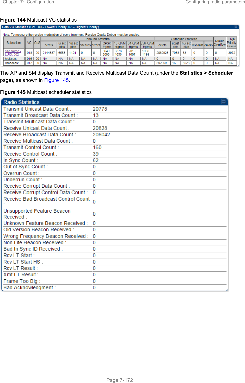 Chapter 7:  Configuration  Configuring radio parameters   Page 7-172 Figure 144 Multicast VC statistics   The AP and SM display Transmit and Receive Multicast Data Count (under the Statistics &gt; Scheduler page), as shown in Figure 145. Figure 145 Multicast scheduler statistics    