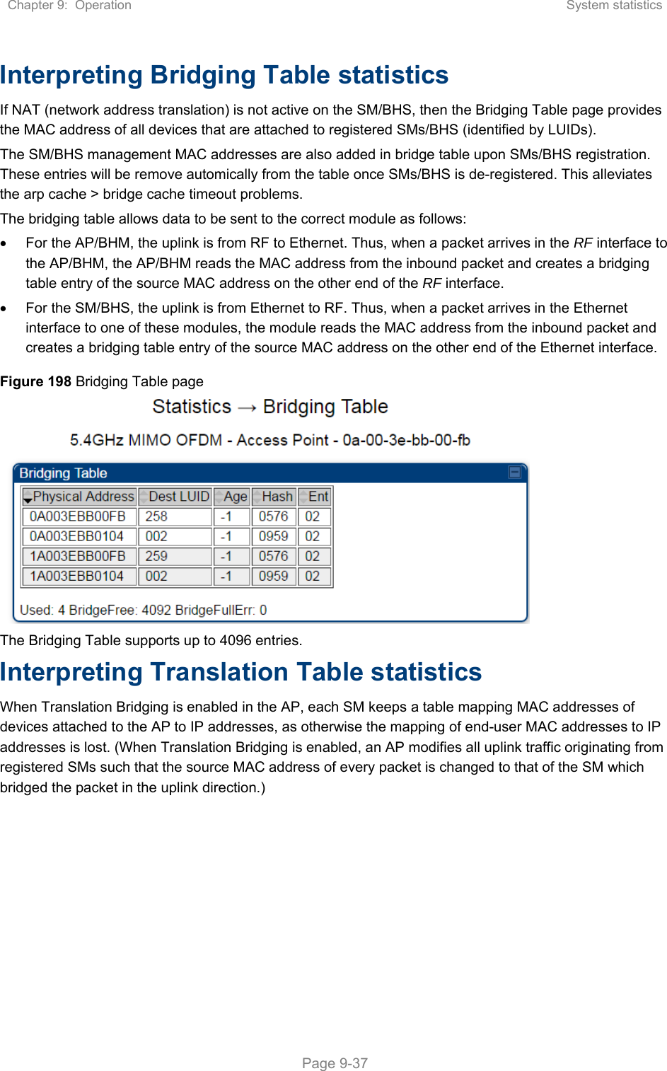 Chapter 9:  Operation  System statistics   Page 9-37 Interpreting Bridging Table statistics If NAT (network address translation) is not active on the SM/BHS, then the Bridging Table page provides the MAC address of all devices that are attached to registered SMs/BHS (identified by LUIDs).  The SM/BHS management MAC addresses are also added in bridge table upon SMs/BHS registration. These entries will be remove automically from the table once SMs/BHS is de-registered. This alleviates the arp cache &gt; bridge cache timeout problems. The bridging table allows data to be sent to the correct module as follows:   For the AP/BHM, the uplink is from RF to Ethernet. Thus, when a packet arrives in the RF interface to the AP/BHM, the AP/BHM reads the MAC address from the inbound packet and creates a bridging table entry of the source MAC address on the other end of the RF interface.   For the SM/BHS, the uplink is from Ethernet to RF. Thus, when a packet arrives in the Ethernet interface to one of these modules, the module reads the MAC address from the inbound packet and creates a bridging table entry of the source MAC address on the other end of the Ethernet interface. Figure 198 Bridging Table page    The Bridging Table supports up to 4096 entries. Interpreting Translation Table statistics When Translation Bridging is enabled in the AP, each SM keeps a table mapping MAC addresses of devices attached to the AP to IP addresses, as otherwise the mapping of end-user MAC addresses to IP addresses is lost. (When Translation Bridging is enabled, an AP modifies all uplink traffic originating from registered SMs such that the source MAC address of every packet is changed to that of the SM which bridged the packet in the uplink direction.) 
