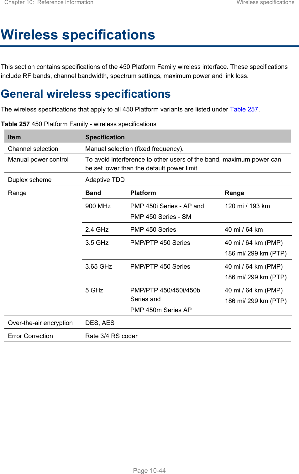 Chapter 10:  Reference information  Wireless specifications   Page 10-44 Wireless specifications This section contains specifications of the 450 Platform Family wireless interface. These specifications include RF bands, channel bandwidth, spectrum settings, maximum power and link loss. General wireless specifications The wireless specifications that apply to all 450 Platform variants are listed under Table 257. Table 257 450 Platform Family - wireless specifications Item  Specification Channel selection  Manual selection (fixed frequency). Manual power control   To avoid interference to other users of the band, maximum power can be set lower than the default power limit. Duplex scheme  Adaptive TDD Range  Band  Platform  Range 900 MHz   PMP 450i Series - AP and  PMP 450 Series - SM 120 mi / 193 km 2.4 GHz   PMP 450 Series   40 mi / 64 km 3.5 GHz   PMP/PTP 450 Series  40 mi / 64 km (PMP) 186 mi/ 299 km (PTP) 3.65 GHz   PMP/PTP 450 Series  40 mi / 64 km (PMP) 186 mi/ 299 km (PTP) 5 GHz   PMP/PTP 450/450i/450b Series and PMP 450m Series AP 40 mi / 64 km (PMP) 186 mi/ 299 km (PTP) Over-the-air encryption  DES, AES Error Correction  Rate 3/4 RS coder    