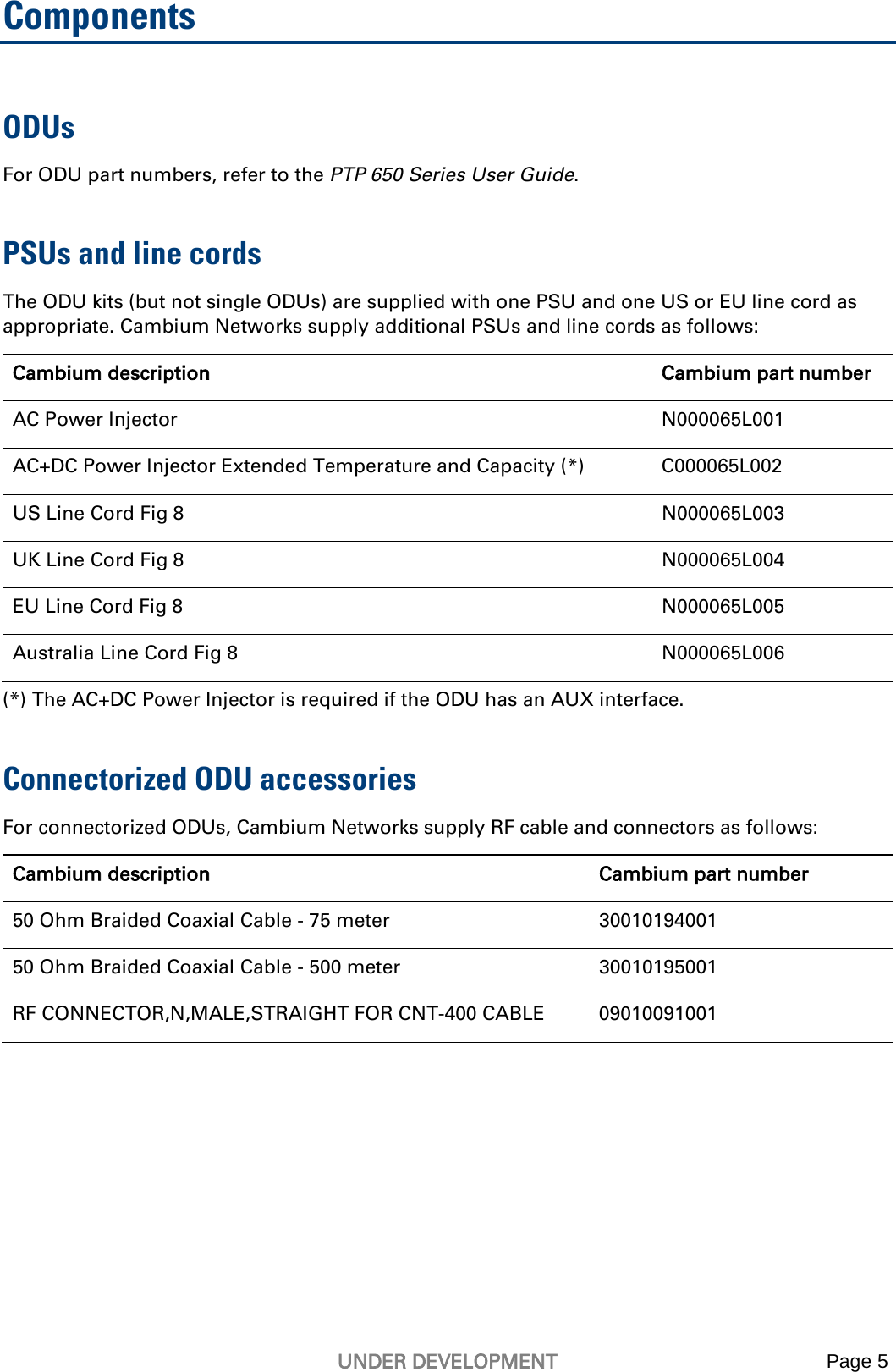   UNDER DEVELOPMENT Page 5  Components ODUs For ODU part numbers, refer to the PTP 650 Series User Guide. PSUs and line cords The ODU kits (but not single ODUs) are supplied with one PSU and one US or EU line cord as appropriate. Cambium Networks supply additional PSUs and line cords as follows: Cambium description Cambium part number AC Power Injector N000065L001 AC+DC Power Injector Extended Temperature and Capacity (*) C000065L002 US Line Cord Fig 8 N000065L003 UK Line Cord Fig 8 N000065L004 EU Line Cord Fig 8 N000065L005 Australia Line Cord Fig 8 N000065L006 (*) The AC+DC Power Injector is required if the ODU has an AUX interface. Connectorized ODU accessories For connectorized ODUs, Cambium Networks supply RF cable and connectors as follows: Cambium description Cambium part number 50 Ohm Braided Coaxial Cable - 75 meter 30010194001 50 Ohm Braided Coaxial Cable - 500 meter 30010195001 RF CONNECTOR,N,MALE,STRAIGHT FOR CNT-400 CABLE 09010091001  