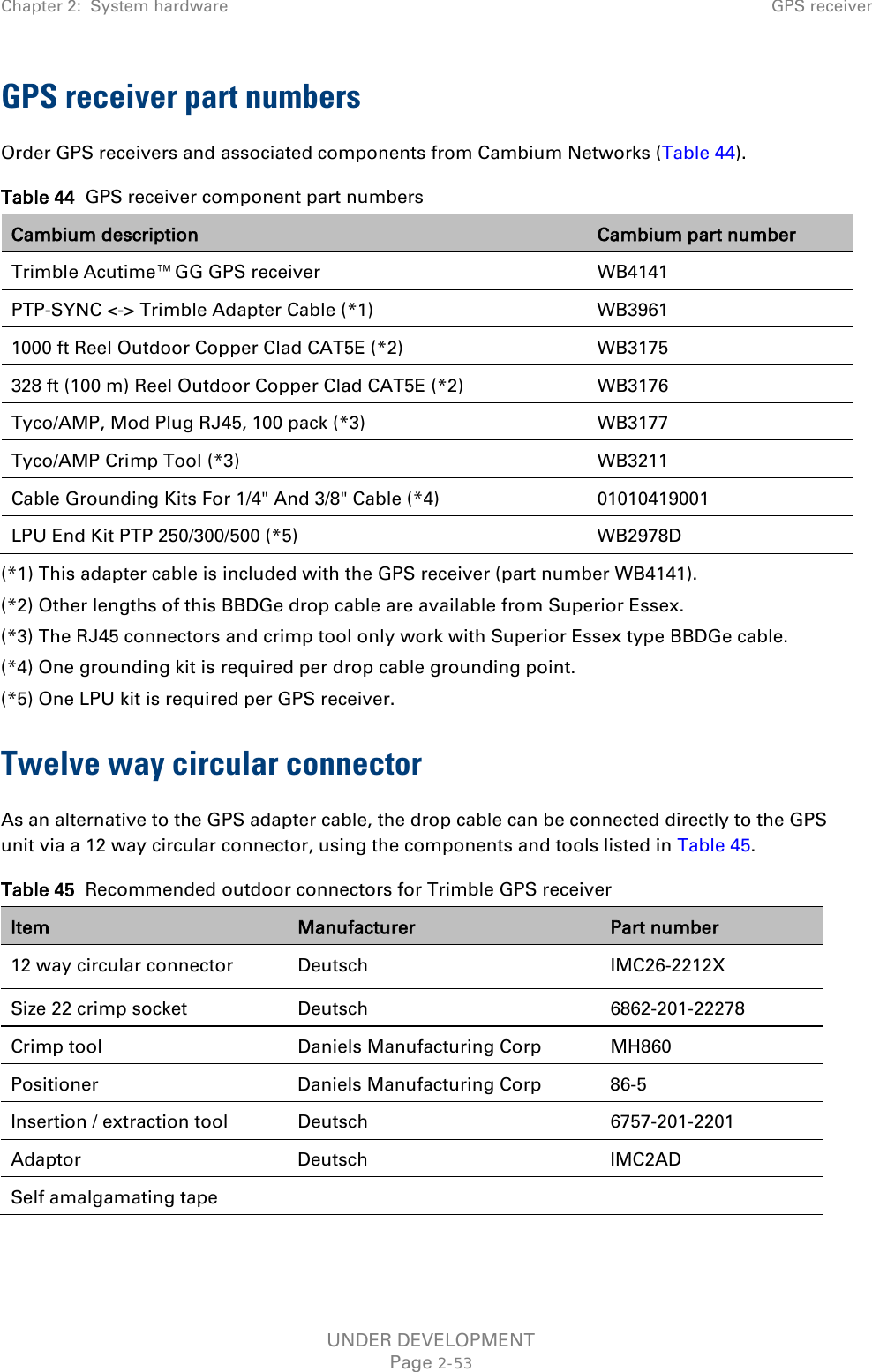 Chapter 2:  System hardware GPS receiver  GPS receiver part numbers Order GPS receivers and associated components from Cambium Networks (Table 44). Table 44  GPS receiver component part numbers Cambium description Cambium part number Trimble Acutime™GG GPS receiver WB4141 PTP-SYNC &lt;-&gt; Trimble Adapter Cable (*1)  WB3961 1000 ft Reel Outdoor Copper Clad CAT5E (*2) WB3175 328 ft (100 m) Reel Outdoor Copper Clad CAT5E (*2) WB3176 Tyco/AMP, Mod Plug RJ45, 100 pack (*3) WB3177 Tyco/AMP Crimp Tool (*3) WB3211 Cable Grounding Kits For 1/4&quot; And 3/8&quot; Cable (*4) 01010419001 LPU End Kit PTP 250/300/500 (*5) WB2978D (*1) This adapter cable is included with the GPS receiver (part number WB4141). (*2) Other lengths of this BBDGe drop cable are available from Superior Essex. (*3) The RJ45 connectors and crimp tool only work with Superior Essex type BBDGe cable. (*4) One grounding kit is required per drop cable grounding point. (*5) One LPU kit is required per GPS receiver. Twelve way circular connector As an alternative to the GPS adapter cable, the drop cable can be connected directly to the GPS unit via a 12 way circular connector, using the components and tools listed in Table 45. Table 45  Recommended outdoor connectors for Trimble GPS receiver Item Manufacturer Part number 12 way circular connector Deutsch IMC26-2212X Size 22 crimp socket Deutsch 6862-201-22278 Crimp tool Daniels Manufacturing Corp MH860 Positioner Daniels Manufacturing Corp 86-5 Insertion / extraction tool Deutsch 6757-201-2201 Adaptor Deutsch IMC2AD Self amalgamating tape      UNDER DEVELOPMENT Page 2-53 