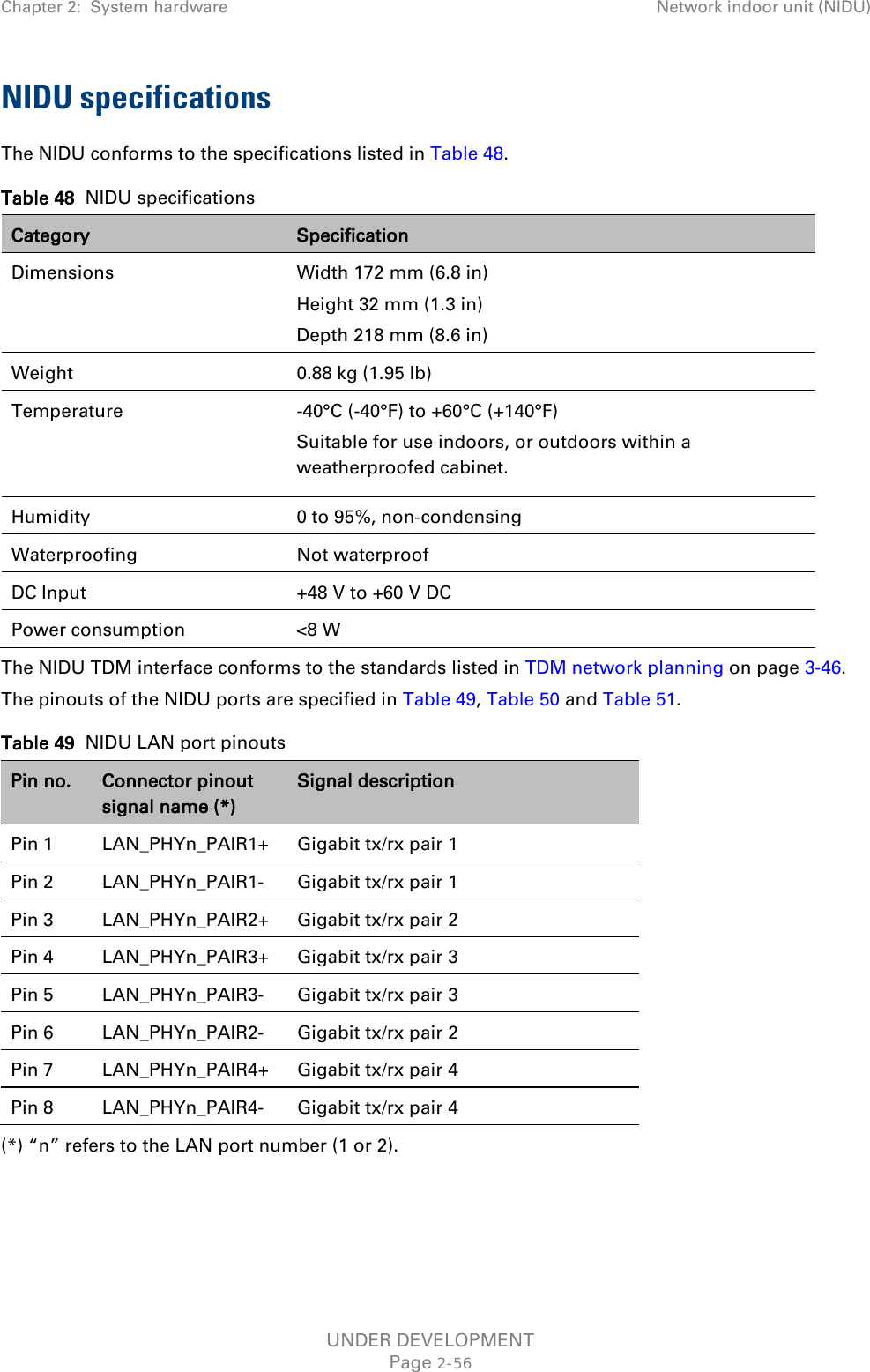 Chapter 2:  System hardware Network indoor unit (NIDU)  NIDU specifications The NIDU conforms to the specifications listed in Table 48. Table 48  NIDU specifications Category Specification Dimensions Width 172 mm (6.8 in) Height 32 mm (1.3 in) Depth 218 mm (8.6 in) Weight  0.88 kg (1.95 lb) Temperature   -40°C (-40°F) to +60°C (+140°F)  Suitable for use indoors, or outdoors within a weatherproofed cabinet. Humidity  0 to 95%, non‐condensing Waterproofing  Not waterproof DC Input +48 V to +60 V DC Power consumption &lt;8 W The NIDU TDM interface conforms to the standards listed in TDM network planning on page 3-46. The pinouts of the NIDU ports are specified in Table 49, Table 50 and Table 51. Table 49  NIDU LAN port pinouts Pin no. Connector pinout signal name (*) Signal description Pin 1 LAN_PHYn_PAIR1+ Gigabit tx/rx pair 1 Pin 2 LAN_PHYn_PAIR1-  Gigabit tx/rx pair 1 Pin 3 LAN_PHYn_PAIR2+ Gigabit tx/rx pair 2 Pin 4 LAN_PHYn_PAIR3+ Gigabit tx/rx pair 3 Pin 5 LAN_PHYn_PAIR3-  Gigabit tx/rx pair 3 Pin 6 LAN_PHYn_PAIR2-  Gigabit tx/rx pair 2 Pin 7 LAN_PHYn_PAIR4+ Gigabit tx/rx pair 4 Pin 8 LAN_PHYn_PAIR4-  Gigabit tx/rx pair 4 (*) “n” refers to the LAN port number (1 or 2).  UNDER DEVELOPMENT Page 2-56 