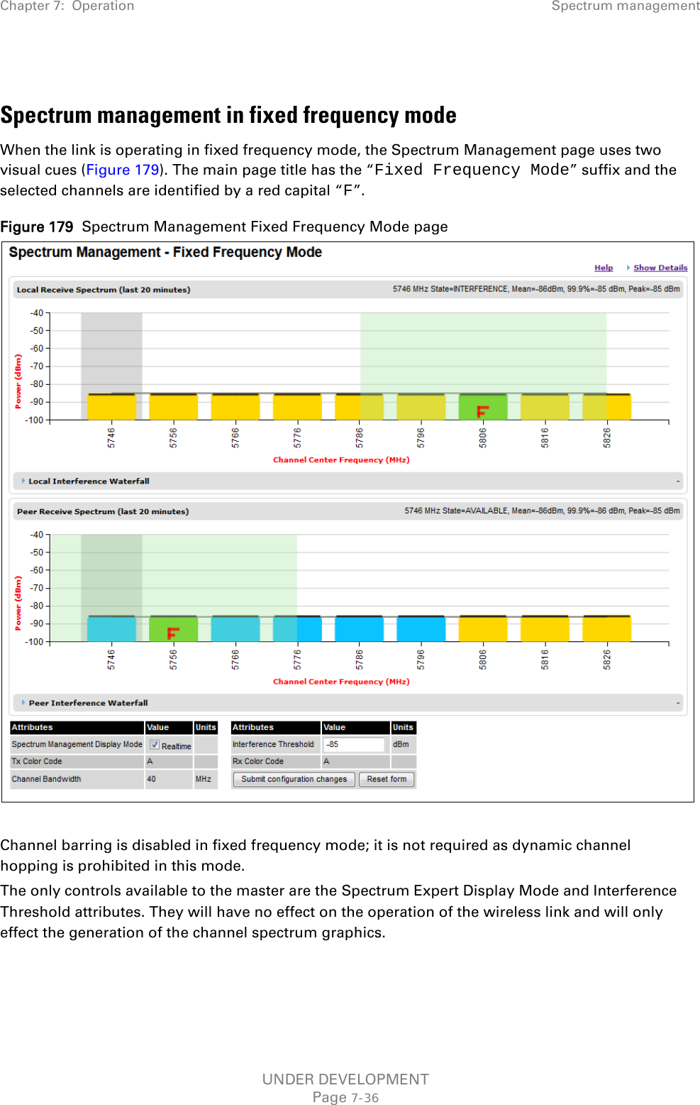 Chapter 7:  Operation Spectrum management   Spectrum management in fixed frequency mode When the link is operating in fixed frequency mode, the Spectrum Management page uses two visual cues (Figure 179). The main page title has the “Fixed Frequency Mode” suffix and the selected channels are identified by a red capital “F”. Figure 179  Spectrum Management Fixed Frequency Mode page   Channel barring is disabled in fixed frequency mode; it is not required as dynamic channel hopping is prohibited in this mode. The only controls available to the master are the Spectrum Expert Display Mode and Interference Threshold attributes. They will have no effect on the operation of the wireless link and will only effect the generation of the channel spectrum graphics.   UNDER DEVELOPMENT Page 7-36 