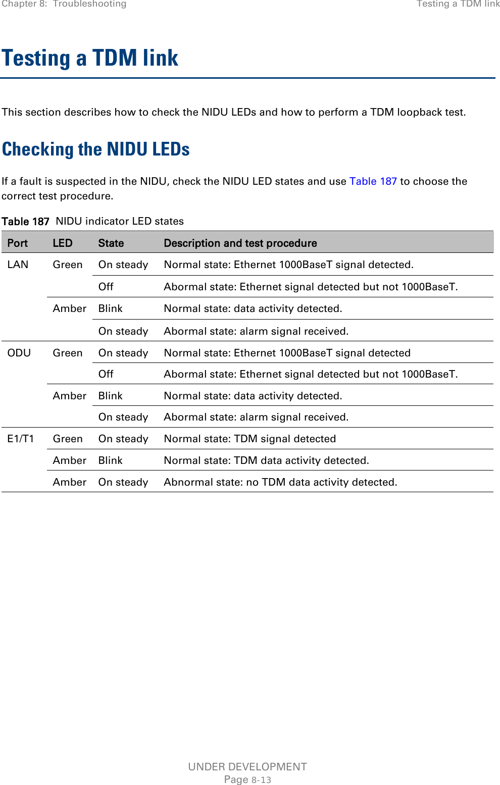 Chapter 8:  Troubleshooting Testing a TDM link  Testing a TDM link This section describes how to check the NIDU LEDs and how to perform a TDM loopback test. Checking the NIDU LEDs If a fault is suspected in the NIDU, check the NIDU LED states and use Table 187 to choose the correct test procedure. Table 187  NIDU indicator LED states Port LED State Description and test procedure LAN Green On steady Normal state: Ethernet 1000BaseT signal detected. Off Abormal state: Ethernet signal detected but not 1000BaseT. Amber Blink Normal state: data activity detected. On steady Abormal state: alarm signal received. ODU Green On steady Normal state: Ethernet 1000BaseT signal detected Off Abormal state: Ethernet signal detected but not 1000BaseT. Amber Blink Normal state: data activity detected. On steady Abormal state: alarm signal received. E1/T1 Green On steady Normal state: TDM signal detected Amber Blink Normal state: TDM data activity detected. Amber On steady Abnormal state: no TDM data activity detected.      UNDER DEVELOPMENT Page 8-13 