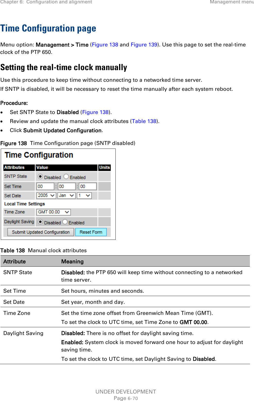 Chapter 6:  Configuration and alignment Management menu  Time Configuration page Menu option: Management &gt; Time (Figure 138 and Figure 139). Use this page to set the real-time clock of the PTP 650. Setting the real-time clock manually Use this procedure to keep time without connecting to a networked time server. If SNTP is disabled, it will be necessary to reset the time manually after each system reboot. Procedure: • Set SNTP State to Disabled (Figure 138). • Review and update the manual clock attributes (Table 138). • Click Submit Updated Configuration. Figure 138  Time Configuration page (SNTP disabled)  Table 138  Manual clock attributes Attribute Meaning SNTP State Disabled: the PTP 650 will keep time without connecting to a networked time server. Set Time Set hours, minutes and seconds. Set Date Set year, month and day. Time Zone Set the time zone offset from Greenwich Mean Time (GMT). To set the clock to UTC time, set Time Zone to GMT 00.00. Daylight Saving Disabled: There is no offset for daylight saving time. Enabled: System clock is moved forward one hour to adjust for daylight saving time. To set the clock to UTC time, set Daylight Saving to Disabled. UNDER DEVELOPMENT Page 6-70 
