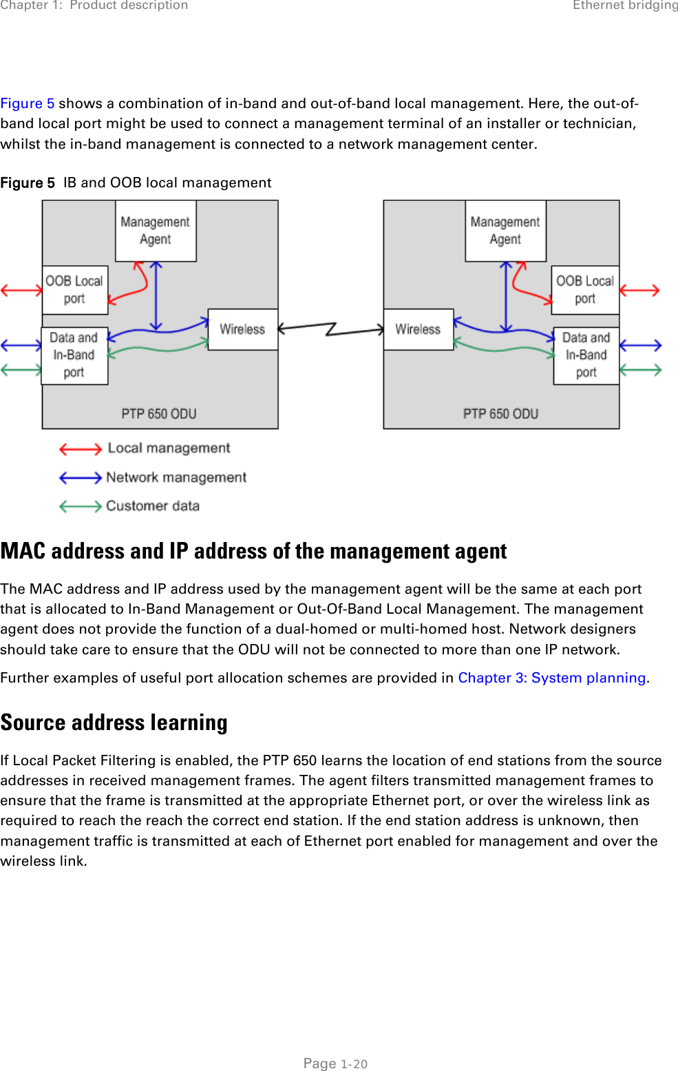 Chapter 1:  Product description Ethernet bridging   Figure 5 shows a combination of in-band and out-of-band local management. Here, the out-of-band local port might be used to connect a management terminal of an installer or technician, whilst the in-band management is connected to a network management center. Figure 5  IB and OOB local management  MAC address and IP address of the management agent The MAC address and IP address used by the management agent will be the same at each port that is allocated to In-Band Management or Out-Of-Band Local Management. The management agent does not provide the function of a dual-homed or multi-homed host. Network designers should take care to ensure that the ODU will not be connected to more than one IP network. Further examples of useful port allocation schemes are provided in Chapter 3: System planning. Source address learning If Local Packet Filtering is enabled, the PTP 650 learns the location of end stations from the source addresses in received management frames. The agent filters transmitted management frames to ensure that the frame is transmitted at the appropriate Ethernet port, or over the wireless link as required to reach the reach the correct end station. If the end station address is unknown, then management traffic is transmitted at each of Ethernet port enabled for management and over the wireless link.  Page 1-20 