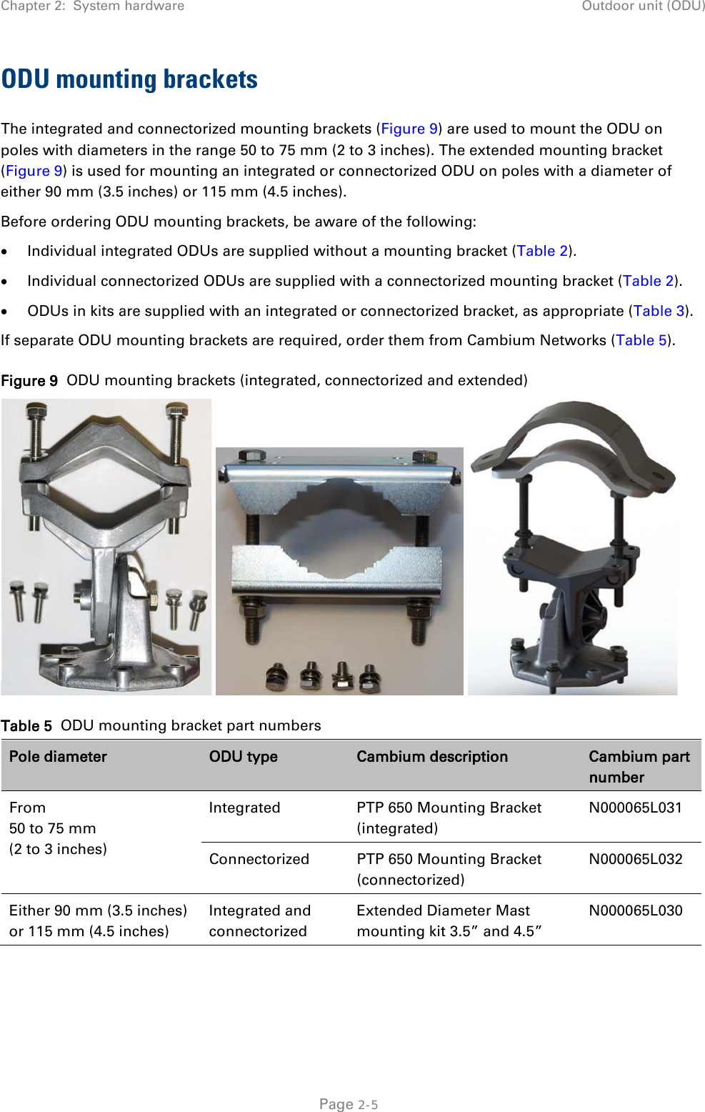Chapter 2:  System hardware Outdoor unit (ODU)  ODU mounting brackets The integrated and connectorized mounting brackets (Figure 9) are used to mount the ODU on poles with diameters in the range 50 to 75 mm (2 to 3 inches). The extended mounting bracket (Figure 9) is used for mounting an integrated or connectorized ODU on poles with a diameter of either 90 mm (3.5 inches) or 115 mm (4.5 inches). Before ordering ODU mounting brackets, be aware of the following: • Individual integrated ODUs are supplied without a mounting bracket (Table 2). • Individual connectorized ODUs are supplied with a connectorized mounting bracket (Table 2). • ODUs in kits are supplied with an integrated or connectorized bracket, as appropriate (Table 3). If separate ODU mounting brackets are required, order them from Cambium Networks (Table 5). Figure 9  ODU mounting brackets (integrated, connectorized and extended)      Table 5  ODU mounting bracket part numbers Pole diameter ODU type Cambium description Cambium part number From  50 to 75 mm  (2 to 3 inches) Integrated PTP 650 Mounting Bracket (integrated) N000065L031 Connectorized PTP 650 Mounting Bracket (connectorized) N000065L032 Either 90 mm (3.5 inches) or 115 mm (4.5 inches) Integrated and connectorized Extended Diameter Mast mounting kit 3.5” and 4.5” N000065L030   Page 2-5 
