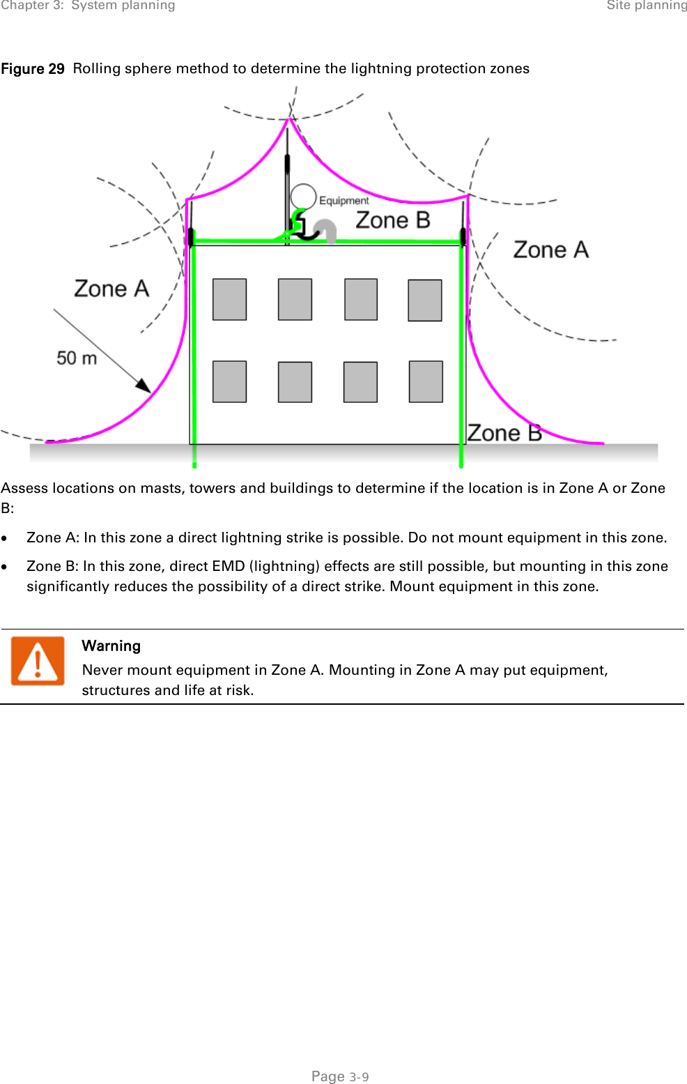 Chapter 3:  System planning Site planning  Figure 29  Rolling sphere method to determine the lightning protection zones  Assess locations on masts, towers and buildings to determine if the location is in Zone A or Zone B: • Zone A: In this zone a direct lightning strike is possible. Do not mount equipment in this zone. • Zone B: In this zone, direct EMD (lightning) effects are still possible, but mounting in this zone significantly reduces the possibility of a direct strike. Mount equipment in this zone.   Warning Never mount equipment in Zone A. Mounting in Zone A may put equipment, structures and life at risk.   Page 3-9 