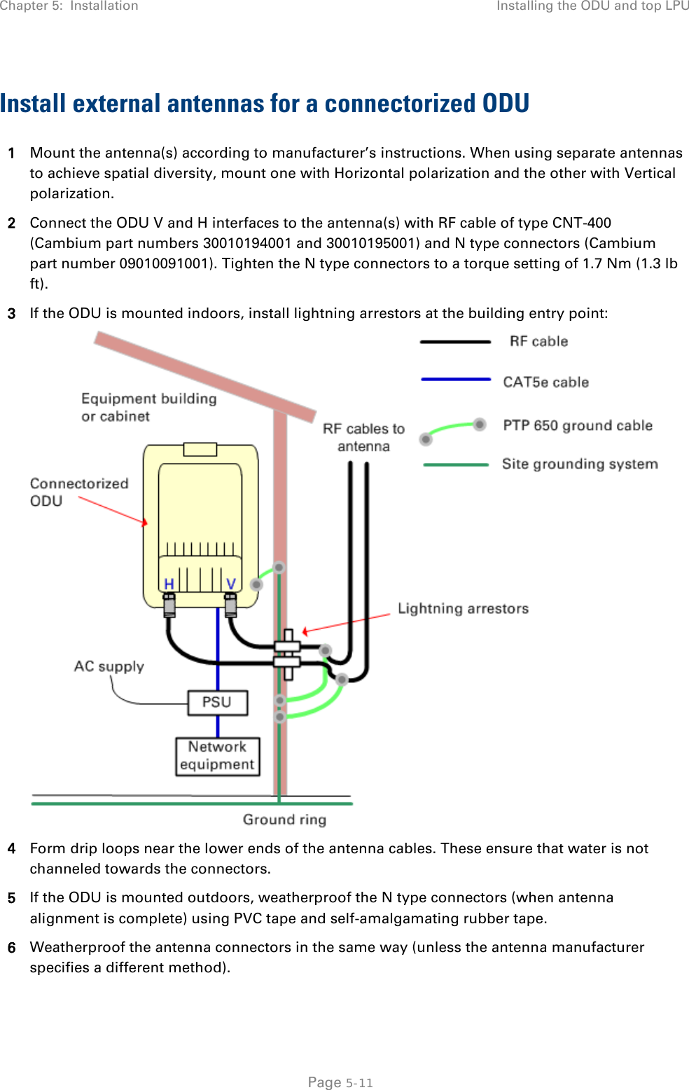 Chapter 5:  Installation Installing the ODU and top LPU  Install external antennas for a connectorized ODU 1 Mount the antenna(s) according to manufacturer’s instructions. When using separate antennas to achieve spatial diversity, mount one with Horizontal polarization and the other with Vertical polarization. 2 Connect the ODU V and H interfaces to the antenna(s) with RF cable of type CNT-400 (Cambium part numbers 30010194001 and 30010195001) and N type connectors (Cambium part number 09010091001). Tighten the N type connectors to a torque setting of 1.7 Nm (1.3 lb ft). 3 If the ODU is mounted indoors, install lightning arrestors at the building entry point:  4 Form drip loops near the lower ends of the antenna cables. These ensure that water is not channeled towards the connectors. 5 If the ODU is mounted outdoors, weatherproof the N type connectors (when antenna alignment is complete) using PVC tape and self-amalgamating rubber tape. 6 Weatherproof the antenna connectors in the same way (unless the antenna manufacturer specifies a different method).   Page 5-11 