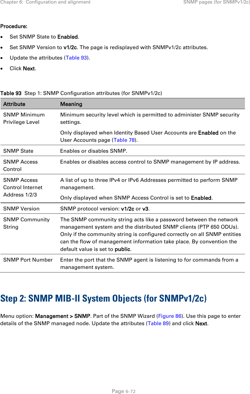 Chapter 6:  Configuration and alignment SNMP pages (for SNMPv1/2c)  Procedure: • Set SNMP State to Enabled. • Set SNMP Version to v1/2c. The page is redisplayed with SNMPv1/2c attributes. • Update the attributes (Table 93). • Click Next.  Table 93  Step 1: SNMP Configuration attributes (for SNMPv1/2c) Attribute Meaning SNMP Minimum Privilege Level Minimum security level which is permitted to administer SNMP security settings. Only displayed when Identity Based User Accounts are Enabled on the User Accounts page (Table 78). SNMP State Enables or disables SNMP. SNMP Access Control Enables or disables access control to SNMP management by IP address. SNMP Access Control Internet Address 1/2/3 A list of up to three IPv4 or IPv6 Addresses permitted to perform SNMP management. Only displayed when SNMP Access Control is set to Enabled. SNMP Version SNMP protocol version: v1/2c or v3. SNMP Community String The SNMP community string acts like a password between the network management system and the distributed SNMP clients (PTP 650 ODUs). Only if the community string is configured correctly on all SNMP entities can the flow of management information take place. By convention the default value is set to public. SNMP Port Number Enter the port that the SNMP agent is listening to for commands from a management system.  Step 2: SNMP MIB-II System Objects (for SNMPv1/2c) Menu option: Management &gt; SNMP. Part of the SNMP Wizard (Figure 86). Use this page to enter details of the SNMP managed node. Update the attributes (Table 89) and click Next.   Page 6-72 
