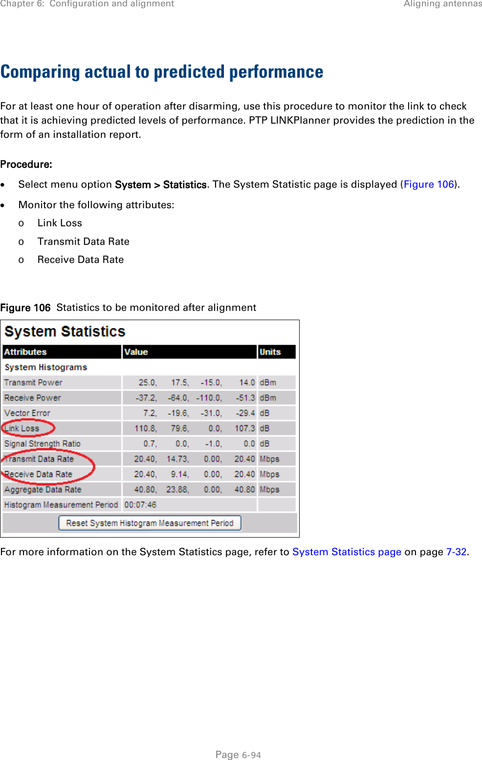 Chapter 6:  Configuration and alignment Aligning antennas  Comparing actual to predicted performance For at least one hour of operation after disarming, use this procedure to monitor the link to check that it is achieving predicted levels of performance. PTP LINKPlanner provides the prediction in the form of an installation report.  Procedure: • Select menu option System &gt; Statistics. The System Statistic page is displayed (Figure 106). • Monitor the following attributes: o Link Loss o Transmit Data Rate o Receive Data Rate  Figure 106  Statistics to be monitored after alignment  For more information on the System Statistics page, refer to System Statistics page on page 7-32.    Page 6-94 