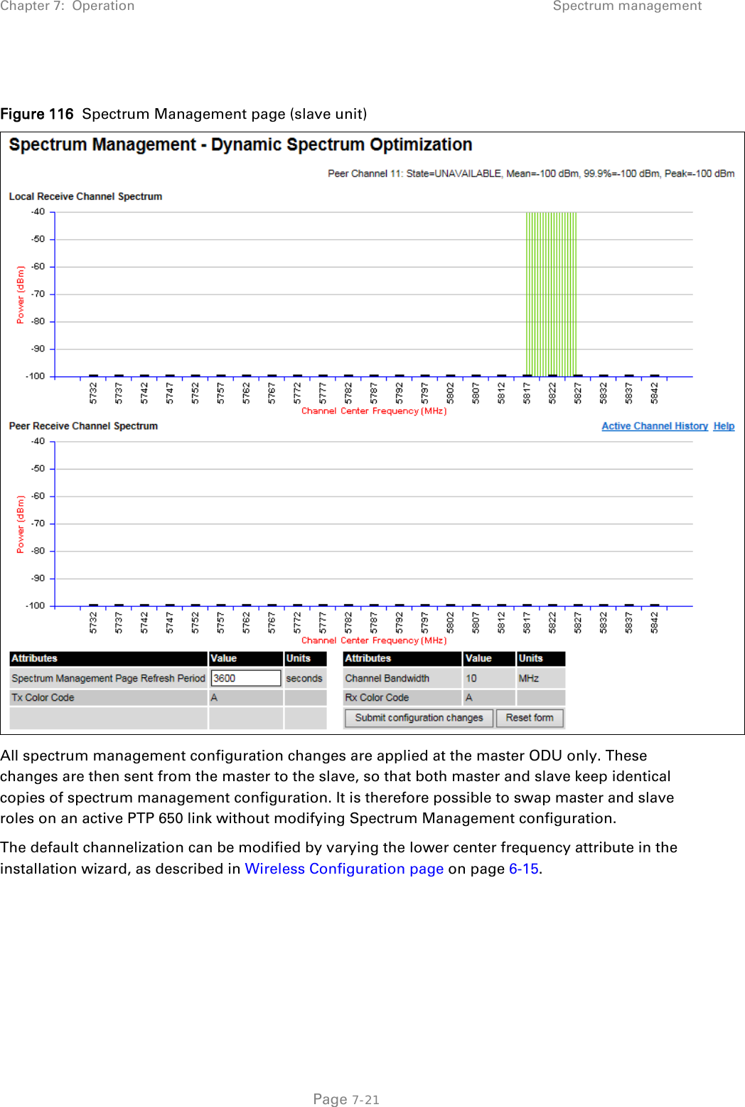 Chapter 7:  Operation Spectrum management   Figure 116  Spectrum Management page (slave unit)  All spectrum management configuration changes are applied at the master ODU only. These changes are then sent from the master to the slave, so that both master and slave keep identical copies of spectrum management configuration. It is therefore possible to swap master and slave roles on an active PTP 650 link without modifying Spectrum Management configuration. The default channelization can be modified by varying the lower center frequency attribute in the installation wizard, as described in Wireless Configuration page on page 6-15.   Page 7-21 