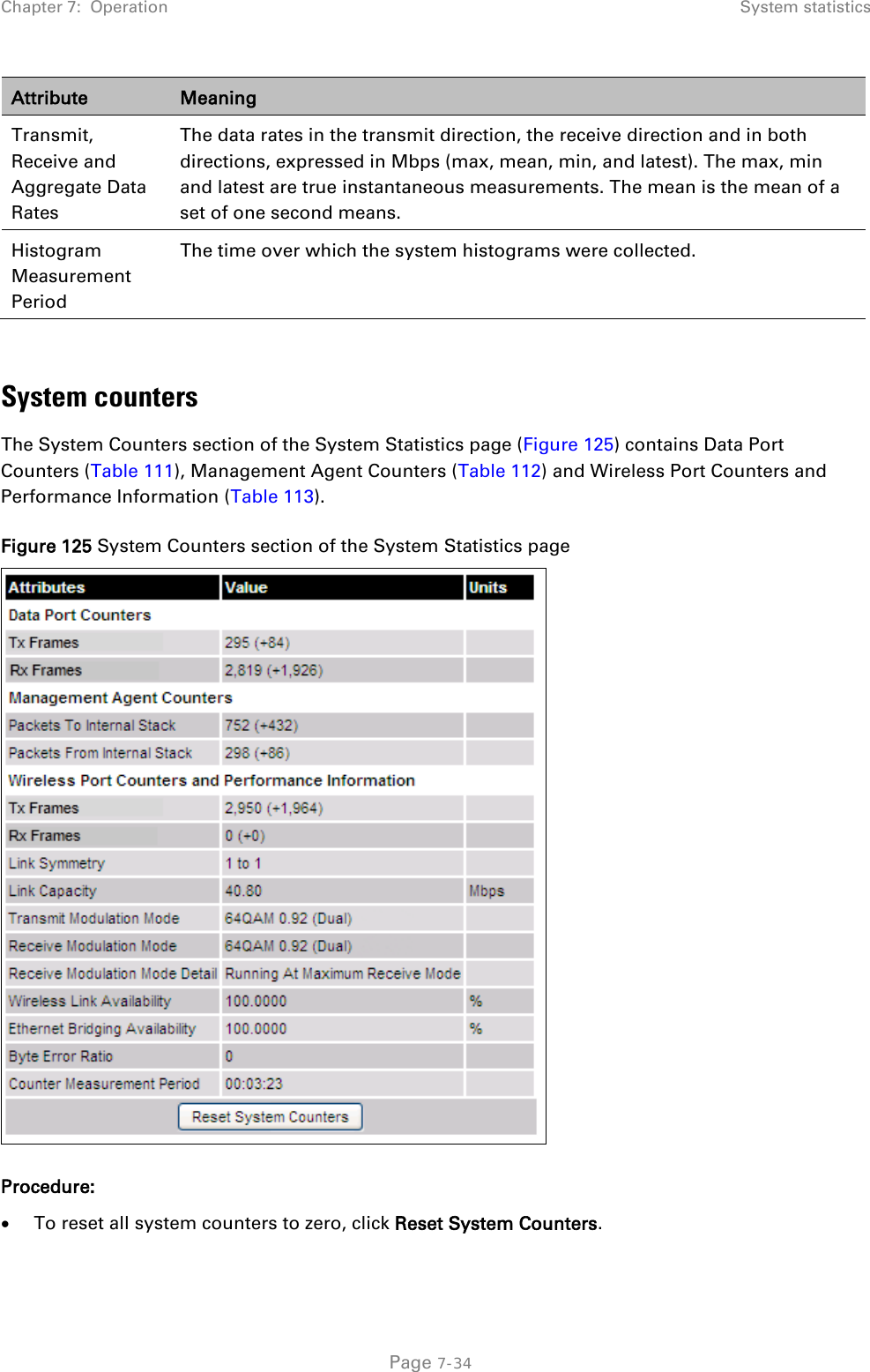 Chapter 7:  Operation System statistics  Attribute Meaning Transmit, Receive and Aggregate Data Rates The data rates in the transmit direction, the receive direction and in both directions, expressed in Mbps (max, mean, min, and latest). The max, min and latest are true instantaneous measurements. The mean is the mean of a set of one second means. Histogram Measurement Period The time over which the system histograms were collected.  System counters The System Counters section of the System Statistics page (Figure 125) contains Data Port Counters (Table 111), Management Agent Counters (Table 112) and Wireless Port Counters and Performance Information (Table 113). Figure 125 System Counters section of the System Statistics page  Procedure: • To reset all system counters to zero, click Reset System Counters.  Page 7-34 