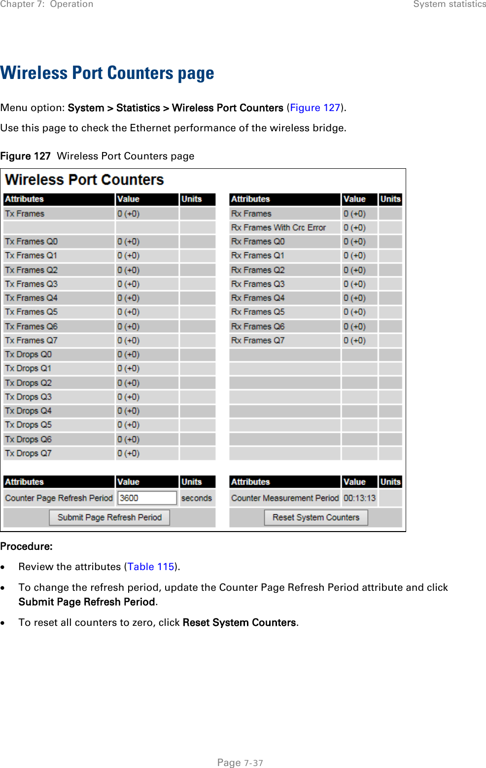 Chapter 7:  Operation System statistics  Wireless Port Counters page Menu option: System &gt; Statistics &gt; Wireless Port Counters (Figure 127). Use this page to check the Ethernet performance of the wireless bridge. Figure 127  Wireless Port Counters page  Procedure: • Review the attributes (Table 115). • To change the refresh period, update the Counter Page Refresh Period attribute and click Submit Page Refresh Period. • To reset all counters to zero, click Reset System Counters.  Page 7-37 