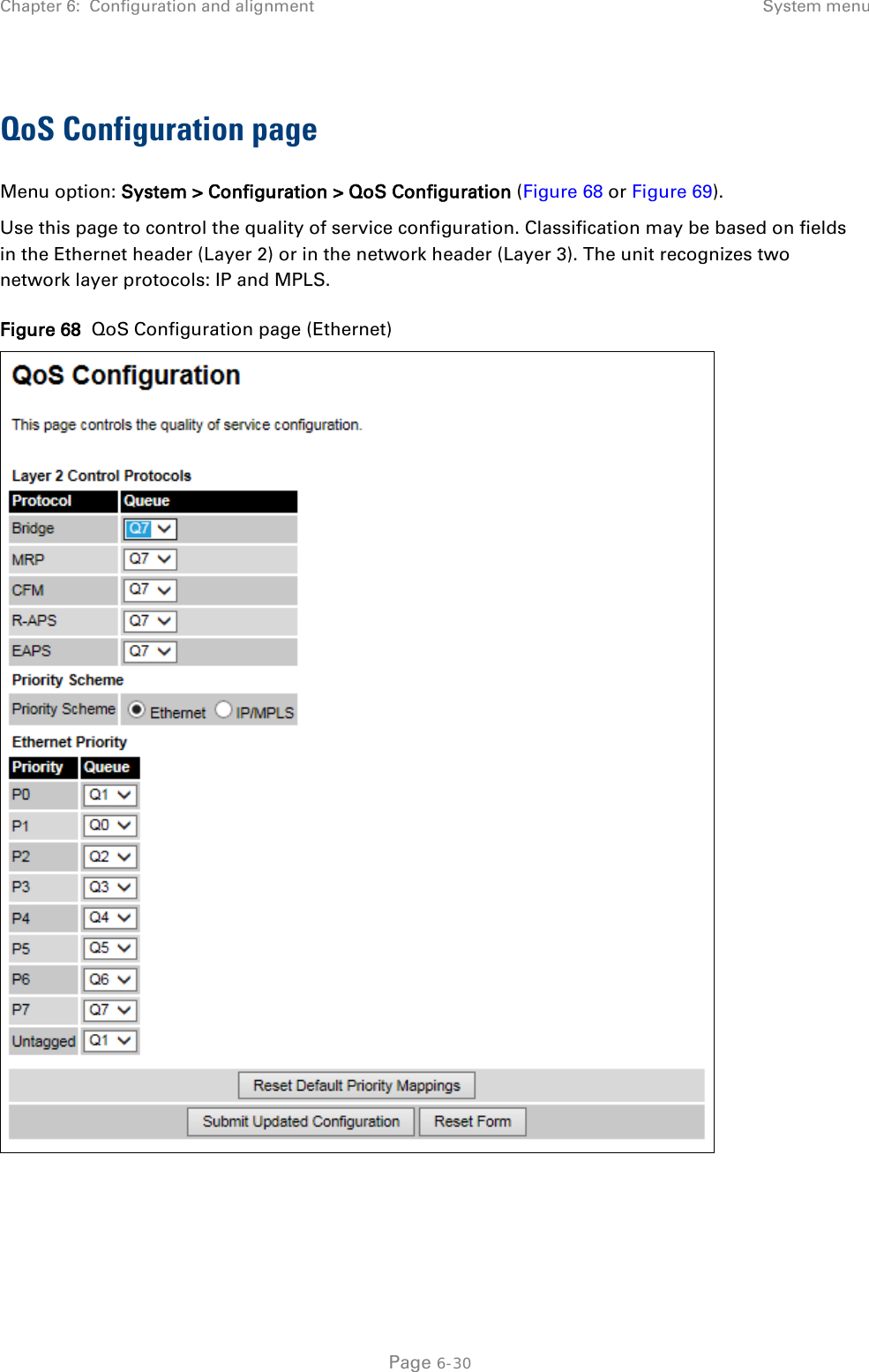 Chapter 6:  Configuration and alignment System menu  QoS Configuration page Menu option: System &gt; Configuration &gt; QoS Configuration (Figure 68 or Figure 69). Use this page to control the quality of service configuration. Classification may be based on fields in the Ethernet header (Layer 2) or in the network header (Layer 3). The unit recognizes two network layer protocols: IP and MPLS. Figure 68  QoS Configuration page (Ethernet)   Page 6-30 