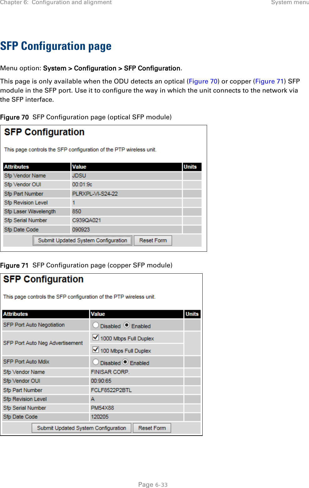 Chapter 6:  Configuration and alignment System menu  SFP Configuration page Menu option: System &gt; Configuration &gt; SFP Configuration. This page is only available when the ODU detects an optical (Figure 70) or copper (Figure 71) SFP module in the SFP port. Use it to configure the way in which the unit connects to the network via the SFP interface.   Figure 70  SFP Configuration page (optical SFP module)  Figure 71  SFP Configuration page (copper SFP module)    Page 6-33 