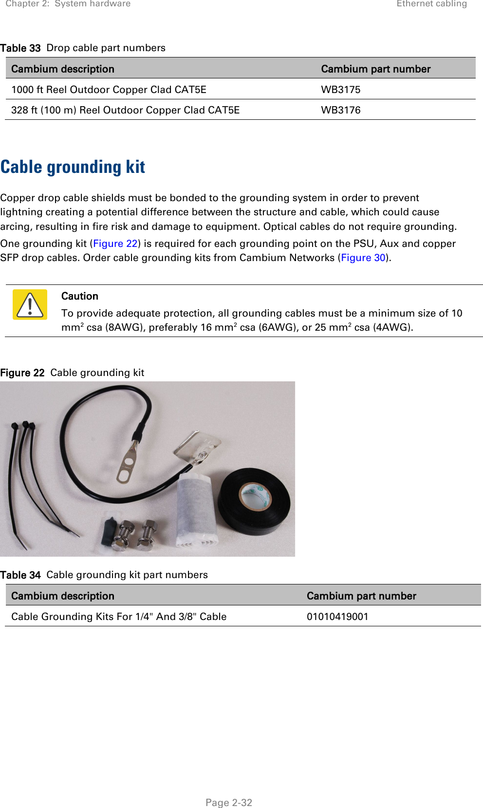 Chapter 2:  System hardware Ethernet cabling   Page 2-32 Table 33  Drop cable part numbers Cambium description Cambium part number 1000 ft Reel Outdoor Copper Clad CAT5E WB3175 328 ft (100 m) Reel Outdoor Copper Clad CAT5E WB3176  Cable grounding kit Copper drop cable shields must be bonded to the grounding system in order to prevent lightning creating a potential difference between the structure and cable, which could cause arcing, resulting in fire risk and damage to equipment. Optical cables do not require grounding. One grounding kit (Figure 22) is required for each grounding point on the PSU, Aux and copper SFP drop cables. Order cable grounding kits from Cambium Networks (Figure 30).   Caution To provide adequate protection, all grounding cables must be a minimum size of 10 mm2 csa (8AWG), preferably 16 mm2 csa (6AWG), or 25 mm2 csa (4AWG).  Figure 22  Cable grounding kit  Table 34  Cable grounding kit part numbers Cambium description Cambium part number Cable Grounding Kits For 1/4&quot; And 3/8&quot; Cable 01010419001     