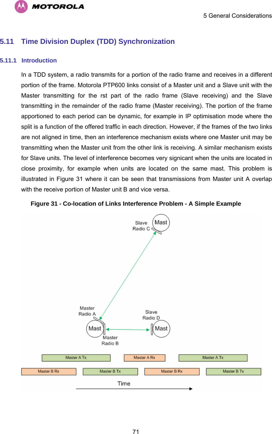    5 General Considerations  715.11  Time Division Duplex (TDD) Synchronization 5.11.1  Introduction In a TDD system, a radio transmits for a portion of the radio frame and receives in a different portion of the frame. Motorola PTP600 links consist of a Master unit and a Slave unit with the Master transmitting for the rst part of the radio frame (Slave receiving) and the Slave transmitting in the remainder of the radio frame (Master receiving). The portion of the frame apportioned to each period can be dynamic, for example in IP optimisation mode where the split is a function of the offered traffic in each direction. However, if the frames of the two links are not aligned in time, then an interference mechanism exists where one Master unit may be transmitting when the Master unit from the other link is receiving. A similar mechanism exists for Slave units. The level of interference becomes very signicant when the units are located in close proximity, for example when units are located on the same mast. This problem is illustrated in Figure 31 where it can be seen that transmissions from Master unit A overlap with the receive portion of Master unit B and vice versa. Figure 31 - Co-location of Links Interference Problem - A Simple Example  