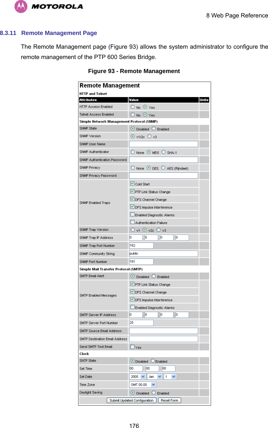     8 Web Page Reference  1768.3.11  Remote Management Page The Remote Management page (Figure 93) allows the system administrator to configure the remote management of the PTP 600 Series Bridge.  Figure 93 - Remote Management  