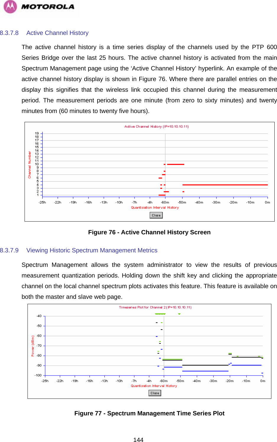   1448.3.7.8  Active Channel History The active channel history is a time series display of the channels used by the PTP 600 Series Bridge over the last 25 hours. The active channel history is activated from the main Spectrum Management page using the ‘Active Channel History’ hyperlink. An example of the active channel history display is shown in Figure 76. Where there are parallel entries on the display this signifies that the wireless link occupied this channel during the measurement period. The measurement periods are one minute (from zero to sixty minutes) and twenty minutes from (60 minutes to twenty five hours).  Figure 76 - Active Channel History Screen 8.3.7.9  Viewing Historic Spectrum Management Metrics Spectrum Management allows the system administrator to view the results of previous measurement quantization periods. Holding down the shift key and clicking the appropriate channel on the local channel spectrum plots activates this feature. This feature is available on both the master and slave web page.  Figure 77 - Spectrum Management Time Series Plot 