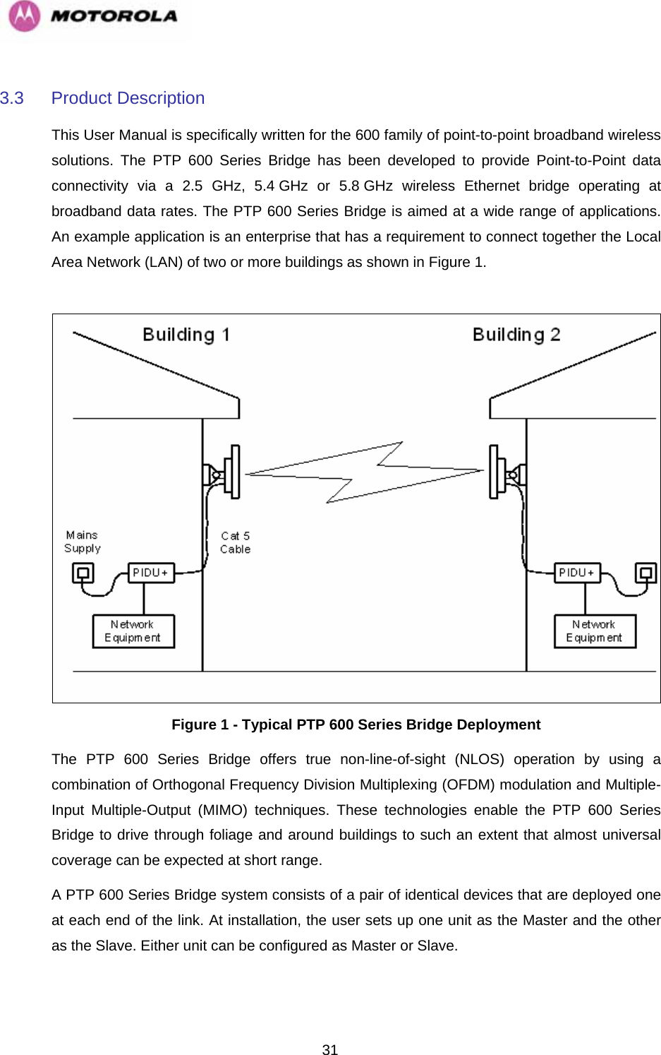   313.3 Product Description This User Manual is specifically written for the 600 family of point-to-point broadband wireless solutions. The PTP 600 Series Bridge has been developed to provide Point-to-Point data connectivity via a 2.5 GHz, 5.4 GHz or 5.8 GHz wireless Ethernet bridge operating at broadband data rates. The PTP 600 Series Bridge is aimed at a wide range of applications. An example application is an enterprise that has a requirement to connect together the Local Area Network (LAN) of two or more buildings as shown in Figure 1.    Figure 1 - Typical PTP 600 Series Bridge Deployment The PTP 600 Series Bridge offers true non-line-of-sight (NLOS) operation by using a combination of Orthogonal Frequency Division Multiplexing (OFDM) modulation and Multiple-Input Multiple-Output (MIMO) techniques. These technologies enable the PTP 600 Series Bridge to drive through foliage and around buildings to such an extent that almost universal coverage can be expected at short range.  A PTP 600 Series Bridge system consists of a pair of identical devices that are deployed one at each end of the link. At installation, the user sets up one unit as the Master and the other as the Slave. Either unit can be configured as Master or Slave.  