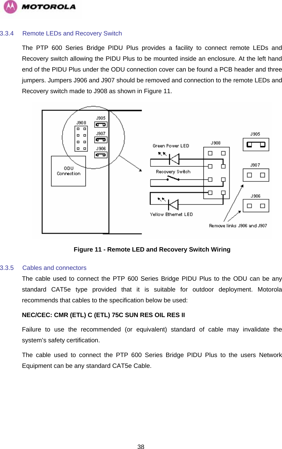   383.3.4  Remote LEDs and Recovery Switch The PTP 600 Series Bridge PIDU Plus provides a facility to connect remote LEDs and Recovery switch allowing the PIDU Plus to be mounted inside an enclosure. At the left hand end of the PIDU Plus under the ODU connection cover can be found a PCB header and three jumpers. Jumpers J906 and J907 should be removed and connection to the remote LEDs and Recovery switch made to J908 as shown in Figure 11.  Figure 11 - Remote LED and Recovery Switch Wiring 3.3.5  Cables and connectors The cable used to connect the PTP 600 Series Bridge PIDU Plus to the ODU can be any standard CAT5e type provided that it is suitable for outdoor deployment. Motorola recommends that cables to the specification below be used: NEC/CEC: CMR (ETL) C (ETL) 75C SUN RES OIL RES II Failure to use the recommended (or equivalent) standard of cable may invalidate the system’s safety certification. The cable used to connect the PTP 600 Series Bridge PIDU Plus to the users Network Equipment can be any standard CAT5e Cable.  