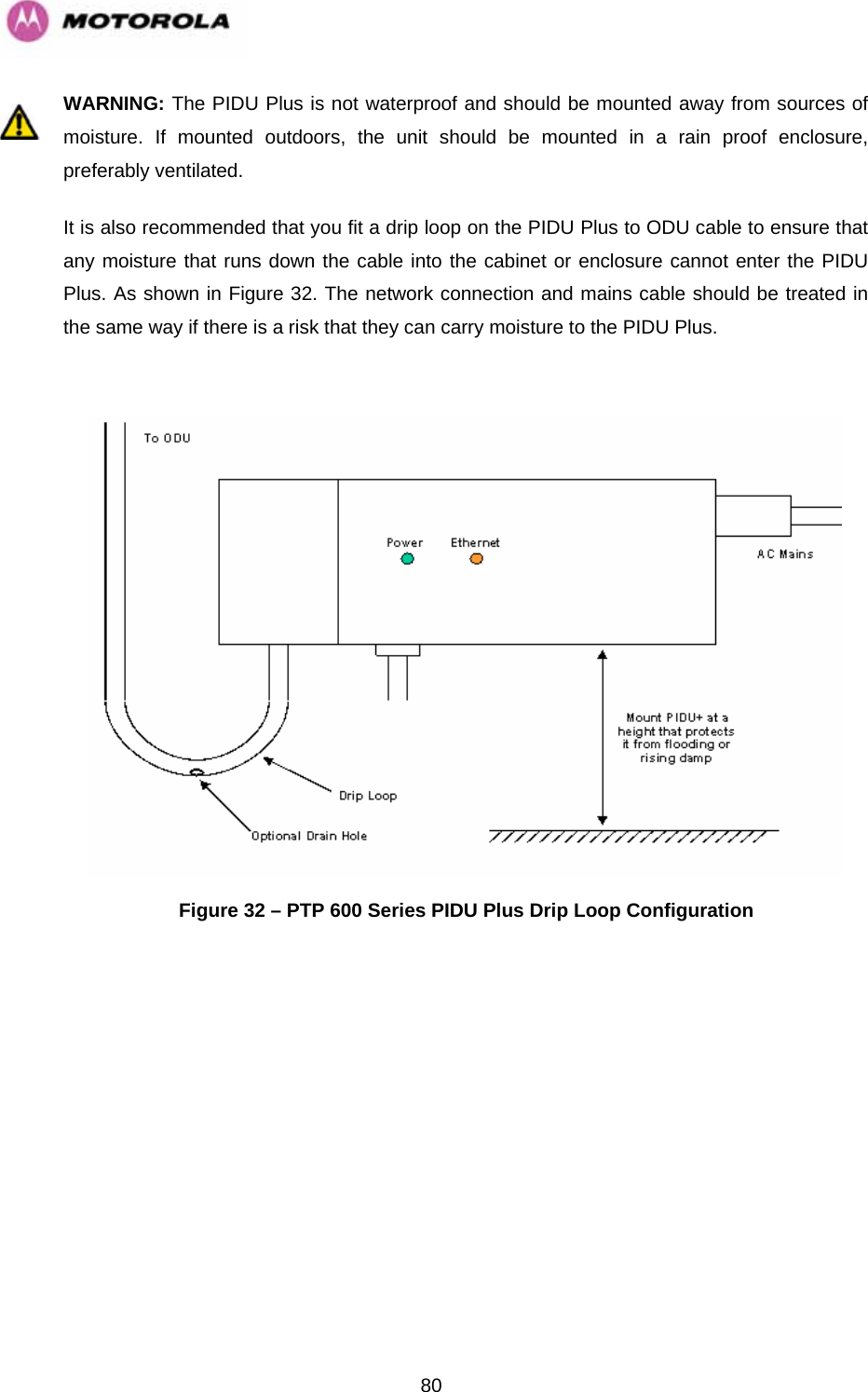   80WARNING: The PIDU Plus is not waterproof and should be mounted away from sources of moisture. If mounted outdoors, the unit should be mounted in a rain proof enclosure, preferably ventilated. It is also recommended that you fit a drip loop on the PIDU Plus to ODU cable to ensure that any moisture that runs down the cable into the cabinet or enclosure cannot enter the PIDU Plus. As shown in Figure 32. The network connection and mains cable should be treated in the same way if there is a risk that they can carry moisture to the PIDU Plus.   Figure 32 – PTP 600 Series PIDU Plus Drip Loop Configuration 