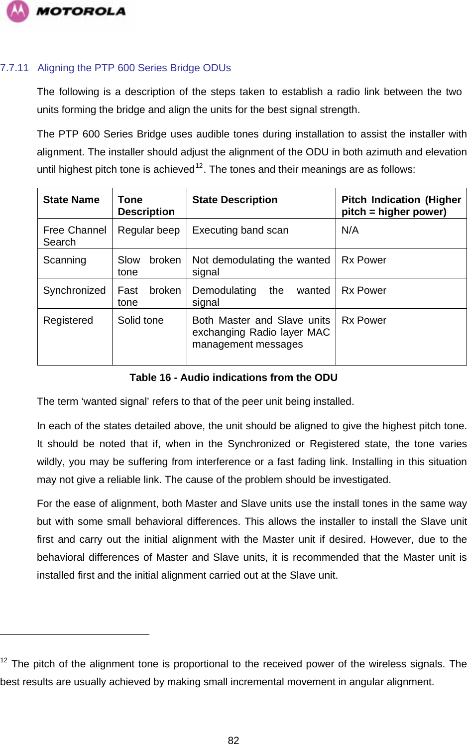   827.7.11  Aligning the PTP 600 Series Bridge ODUs  The following is a description of the steps taken to establish a radio link between the two  units forming the bridge and align the units for the best signal strength.  The PTP 600 Series Bridge uses audible tones during installation to assist the installer with alignment. The installer should adjust the alignment of the ODU in both azimuth and elevation until highest pitch tone is achieved12. The tones and their meanings are as follows:  State Name   Tone Description   State Description   Pitch Indication (Higher pitch = higher power) Free Channel Search  Regular beep  Executing band scan  N/A Scanning Slow broken tone  Not demodulating the wanted signal  Rx Power Synchronized Fast broken tone  Demodulating the wanted signal  Rx Power Registered  Solid tone  Both Master and Slave units exchanging Radio layer MAC management messages Rx Power Table 16 - Audio indications from the ODU The term ‘wanted signal’ refers to that of the peer unit being installed.  In each of the states detailed above, the unit should be aligned to give the highest pitch tone. It should be noted that if, when in the Synchronized or Registered state, the tone varies wildly, you may be suffering from interference or a fast fading link. Installing in this situation may not give a reliable link. The cause of the problem should be investigated.  For the ease of alignment, both Master and Slave units use the install tones in the same way but with some small behavioral differences. This allows the installer to install the Slave unit first and carry out the initial alignment with the Master unit if desired. However, due to the behavioral differences of Master and Slave units, it is recommended that the Master unit is installed first and the initial alignment carried out at the Slave unit.                                                        12 The pitch of the alignment tone is proportional to the received power of the wireless signals. The best results are usually achieved by making small incremental movement in angular alignment. 