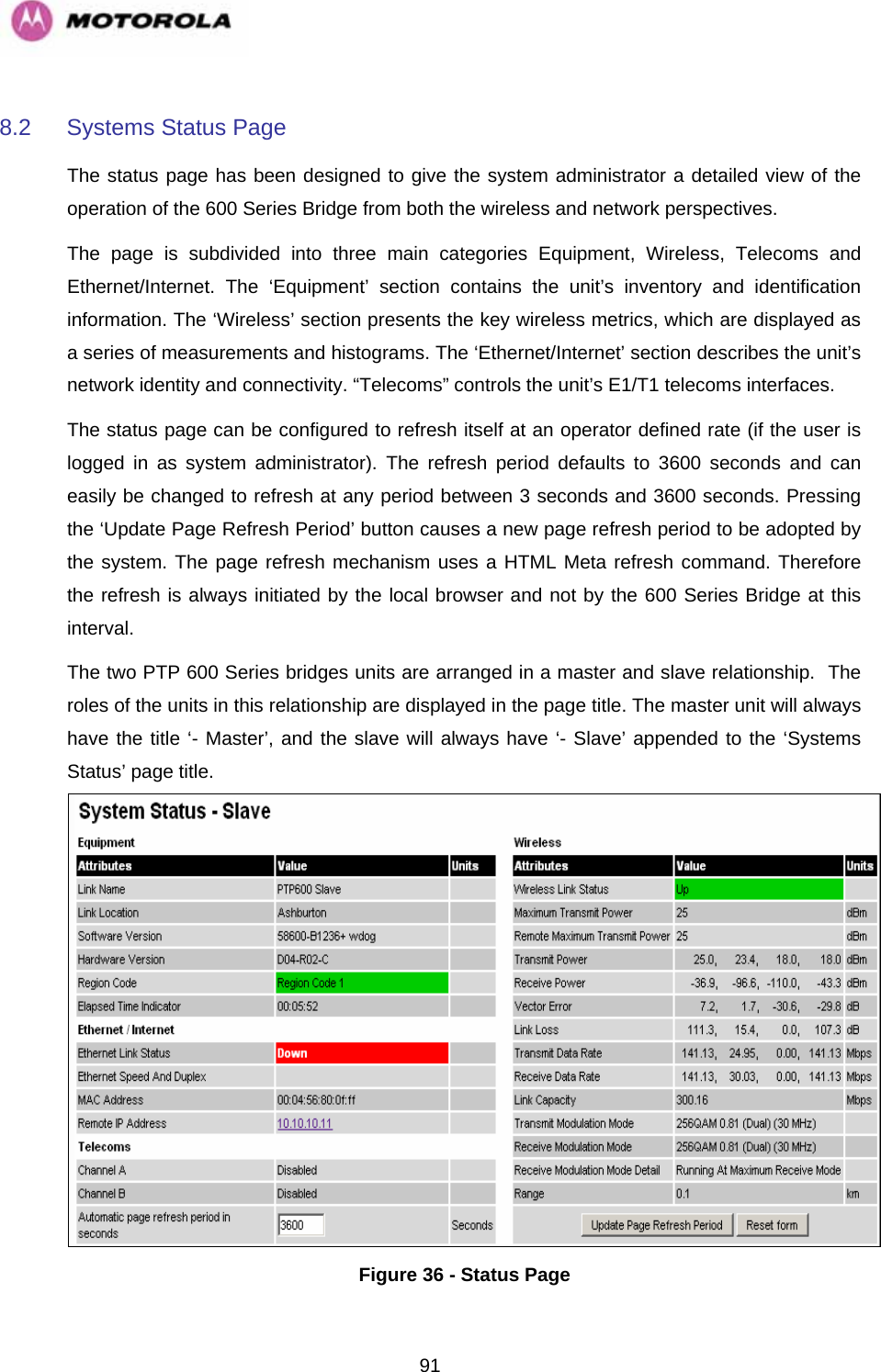   918.2  Systems Status Page  The status page has been designed to give the system administrator a detailed view of the operation of the 600 Series Bridge from both the wireless and network perspectives.  The page is subdivided into three main categories Equipment, Wireless, Telecoms and Ethernet/Internet. The ‘Equipment’ section contains the unit’s inventory and identification information. The ‘Wireless’ section presents the key wireless metrics, which are displayed as a series of measurements and histograms. The ‘Ethernet/Internet’ section describes the unit’s network identity and connectivity. “Telecoms” controls the unit’s E1/T1 telecoms interfaces. The status page can be configured to refresh itself at an operator defined rate (if the user is logged in as system administrator). The refresh period defaults to 3600 seconds and can easily be changed to refresh at any period between 3 seconds and 3600 seconds. Pressing the ‘Update Page Refresh Period’ button causes a new page refresh period to be adopted by the system. The page refresh mechanism uses a HTML Meta refresh command. Therefore the refresh is always initiated by the local browser and not by the 600 Series Bridge at this interval. The two PTP 600 Series bridges units are arranged in a master and slave relationship.  The roles of the units in this relationship are displayed in the page title. The master unit will always have the title ‘- Master’, and the slave will always have ‘- Slave’ appended to the ‘Systems Status’ page title.  Figure 36 - Status Page 