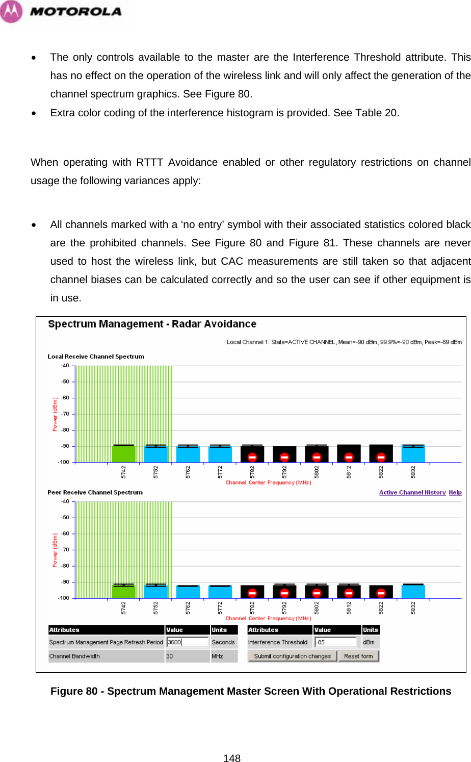   148•  The only controls available to the master are the Interference Threshold attribute. This has no effect on the operation of the wireless link and will only affect the generation of the channel spectrum graphics. See Figure 80. •  Extra color coding of the interference histogram is provided. See Table 20.  When operating with RTTT Avoidance enabled or other regulatory restrictions on channel usage the following variances apply:  •  All channels marked with a ‘no entry’ symbol with their associated statistics colored black are the prohibited channels. See Figure 80 and Figure 81. These channels are never used to host the wireless link, but CAC measurements are still taken so that adjacent channel biases can be calculated correctly and so the user can see if other equipment is in use.  Figure 80 - Spectrum Management Master Screen With Operational Restrictions 