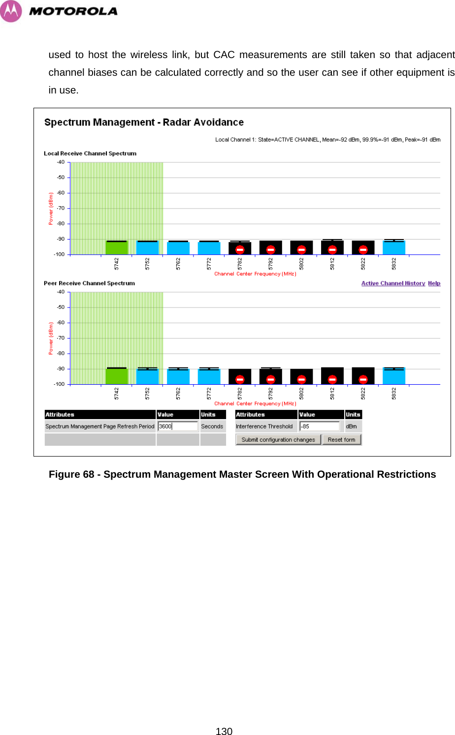   130used to host the wireless link, but CAC measurements are still taken so that adjacent channel biases can be calculated correctly and so the user can see if other equipment is in use.  Figure 68 - Spectrum Management Master Screen With Operational Restrictions 
