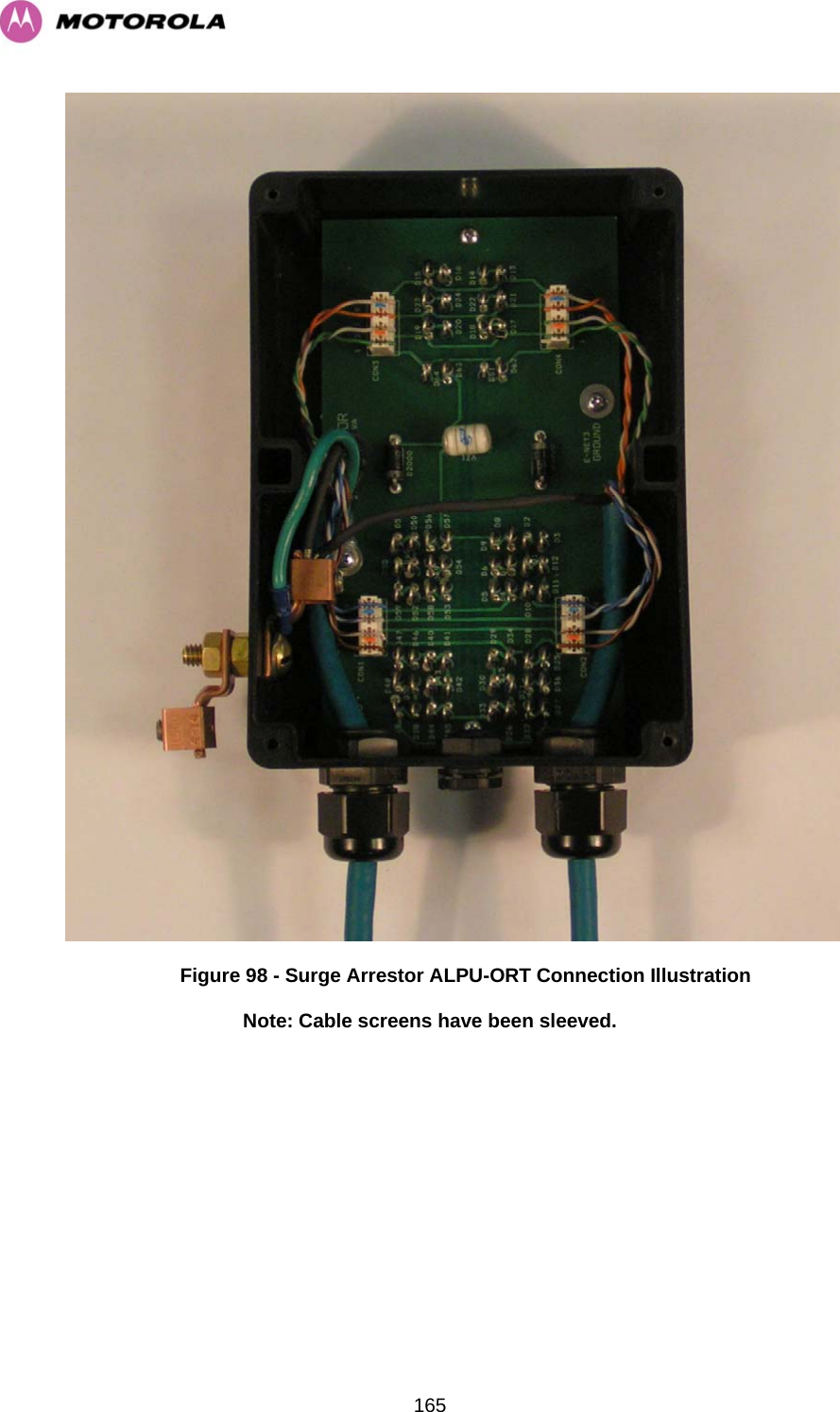   165 Figure 98 - Surge Arrestor ALPU-ORT Connection Illustration Note: Cable screens have been sleeved. 