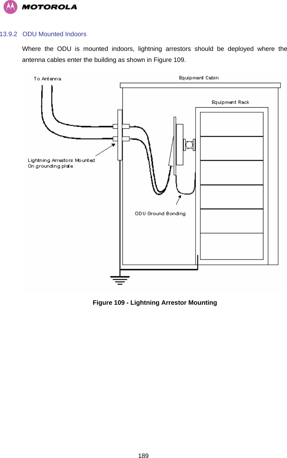   18913.9.2  ODU Mounted Indoors Where the ODU is mounted indoors, lightning arrestors should be deployed where the antenna cables enter the building as shown in Figure 109.  Figure 109 - Lightning Arrestor Mounting 