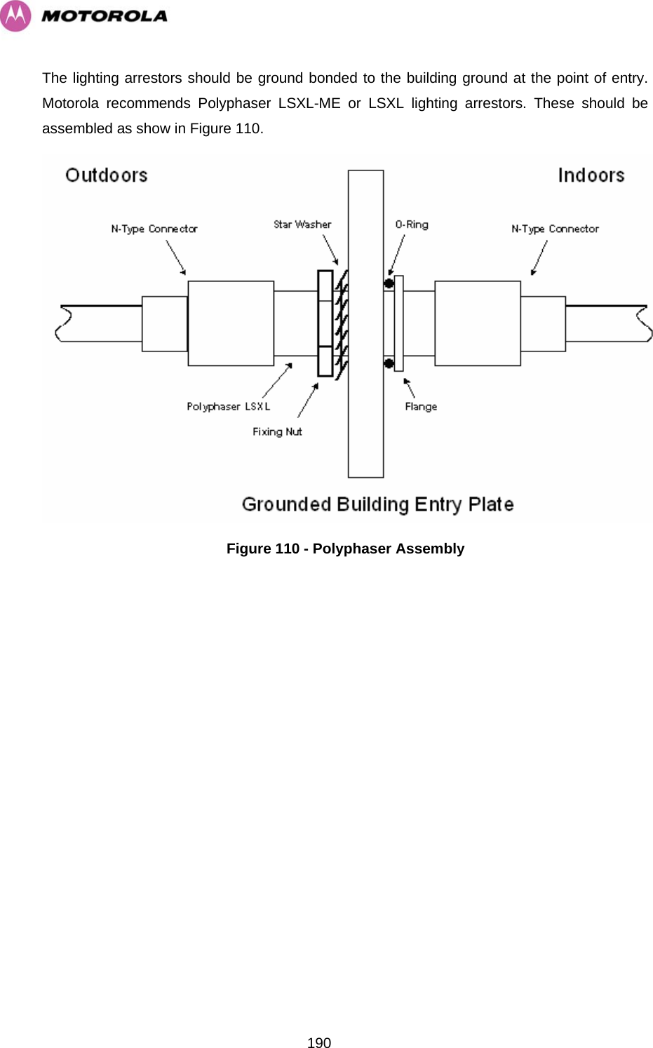   190The lighting arrestors should be ground bonded to the building ground at the point of entry. Motorola recommends Polyphaser LSXL-ME or LSXL lighting arrestors. These should be assembled as show in Figure 110.  Figure 110 - Polyphaser Assembly    
