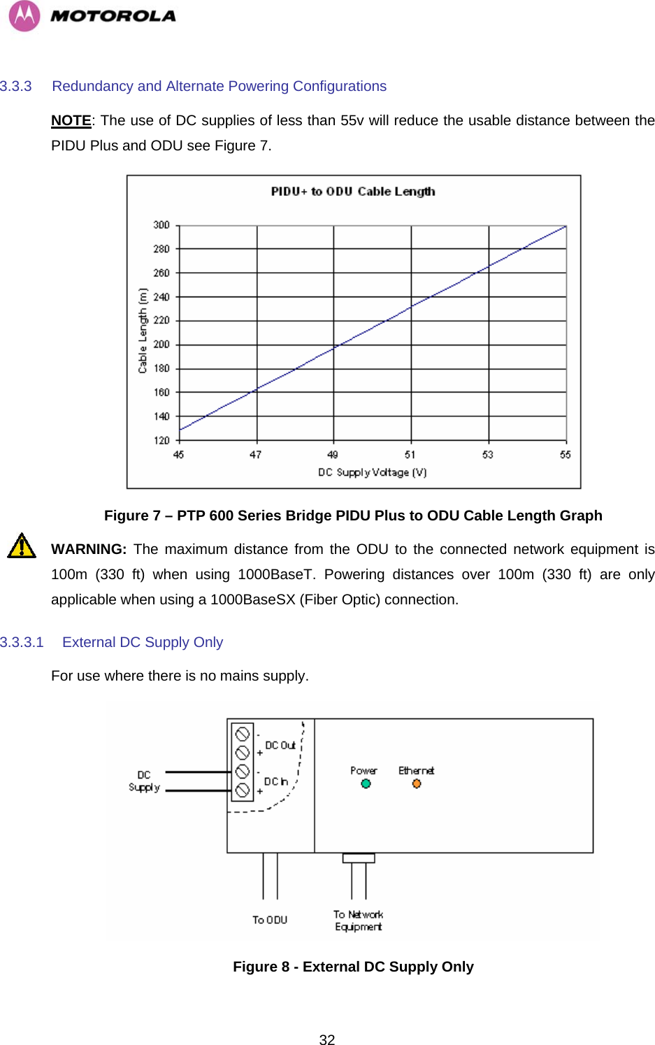   323.3.3  Redundancy and Alternate Powering Configurations NOTE: The use of DC supplies of less than 55v will reduce the usable distance between the PIDU Plus and ODU see Figure 7.  Figure 7 – PTP 600 Series Bridge PIDU Plus to ODU Cable Length Graph WARNING: The maximum distance from the ODU to the connected network equipment is 100m (330 ft) when using 1000BaseT. Powering distances over 100m (330 ft) are only applicable when using a 1000BaseSX (Fiber Optic) connection. 3.3.3.1  External DC Supply Only For use where there is no mains supply.  Figure 8 - External DC Supply Only 