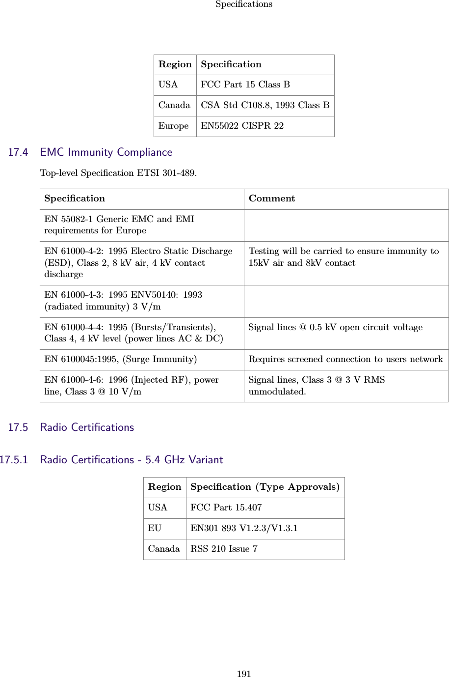 Speciﬁcations191Region SpeciﬁcationUSA FCC Part 15 Class BCanada CSA Std C108.8, 1993 Class BEurope EN55022 CISPR 2217.4 EMC Immunity ComplianceTop-level Speciﬁcation ETSI 301-489.Speciﬁcation CommentEN 55082-1 Generic EMC and EMIrequirements for EuropeEN 61000-4-2: 1995 Electro Static Discharge(ESD), Class 2, 8 kV air, 4 kV contactdischargeTesting will be carried to ensure immunity to15kV air and 8kV contactEN 61000-4-3: 1995 ENV50140: 1993(radiated immunity) 3 V/mEN 61000-4-4: 1995 (Bursts/Transients),Class 4, 4 kV level (power lines AC &amp; DC)Signal lines @ 0.5 kV open circuit voltageEN 6100045:1995, (Surge Immunity) Requires screened connection to users networkEN 61000-4-6: 1996 (Injected RF), powerline, Class 3 @ 10 V/mSignal lines, Class 3 @ 3 V RMSunmodulated.17.5 Radio Certiﬁcations17.5.1 Radio Certiﬁcations - 5.4 GHz VariantRegion Speciﬁcation (Type Approvals)USA FCC Part 15.407EU EN301 893 V1.2.3/V1.3.1Canada RSS 210 Issue 7