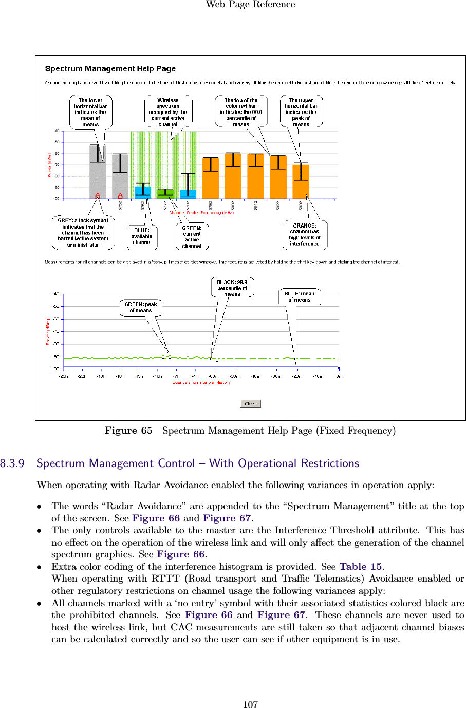 Web Page Reference107Figure 65 Spectrum Management Help Page (Fixed Frequency)8.3.9 Spectrum Management Control – With Operational RestrictionsWhen operating with Radar Avoidance enabled the following variances in operation apply:•The words “Radar Avoidance” are appended to the “Spectrum Management” title at the topof the screen. See Figure 66 and Figure 67.•The only controls available to the master are the Interference Threshold attribute. This hasno eﬀect on the operation of the wireless link and will only aﬀect the generation of the channelspectrum graphics. See Figure 66.•Extra color coding of the interference histogram is provided. See Table 15.When operating with RTTT (Road transport and Traﬃc Telematics) Avoidance enabled orother regulatory restrictions on channel usage the following variances apply:•All channels marked with a ‘no entry’ symbol with their associated statistics colored black arethe prohibited channels. See Figure 66 and Figure 67. These channels are never used tohost the wireless link, but CAC measurements are still taken so that adjacent channel biasescan be calculated correctly and so the user can see if other equipment is in use.