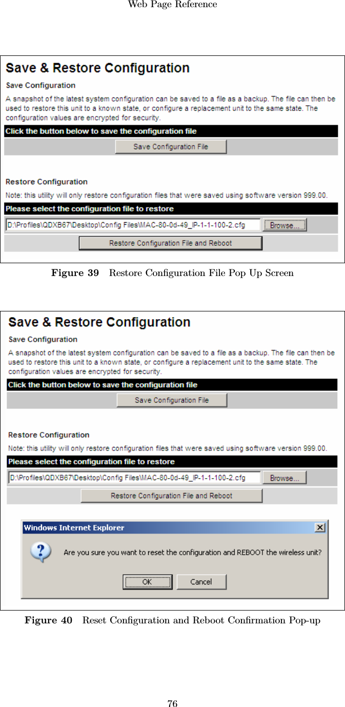 Web Page Reference76Figure 39 Restore Conﬁguration File Pop Up ScreenFigure 40 Reset Conﬁguration and Reboot Conﬁrmation Pop-up